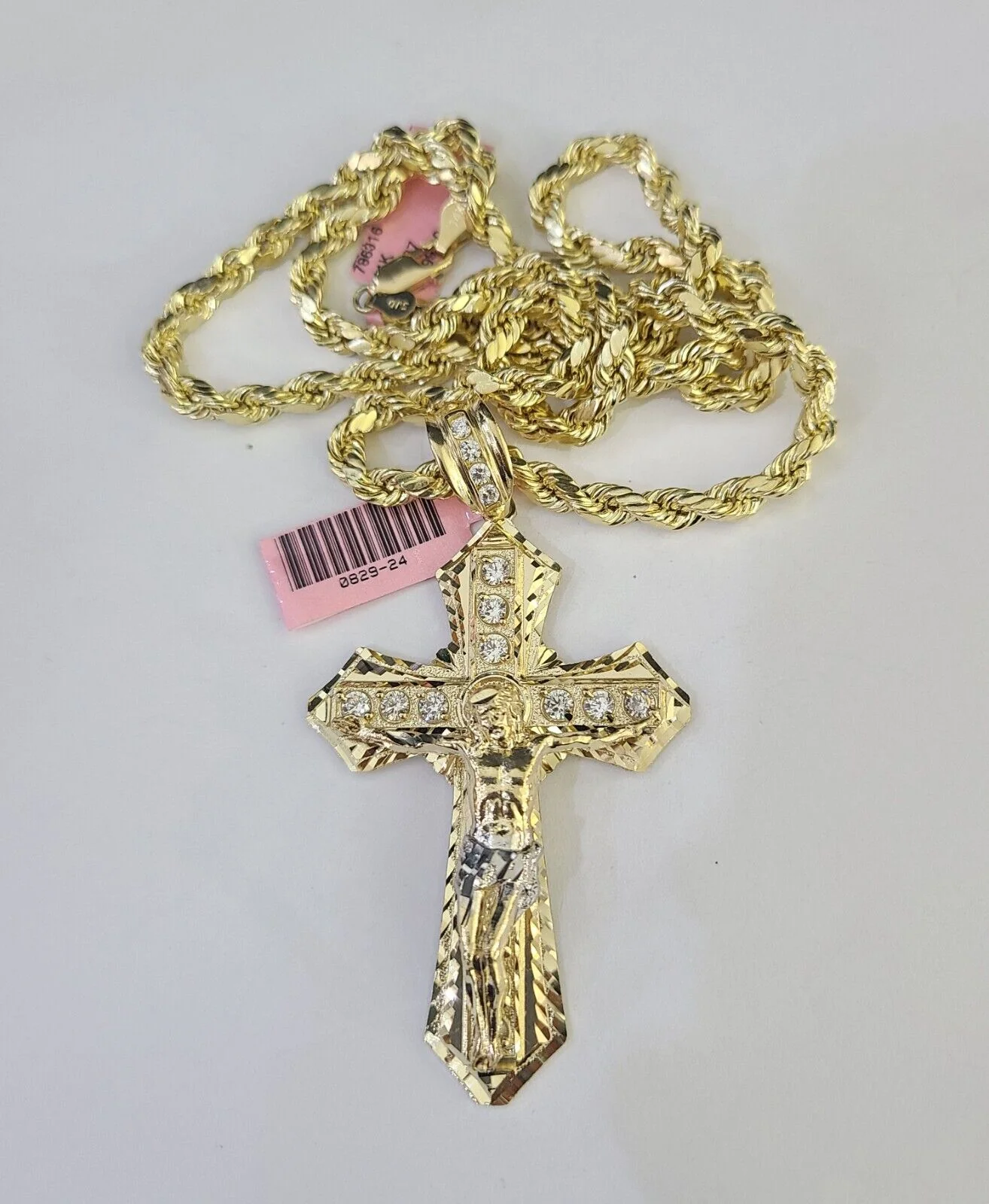 Real 14k Rope Chain Jesus Cross Charm Yellow Gold Set 5mm 20"-30" Necklace - Image 6