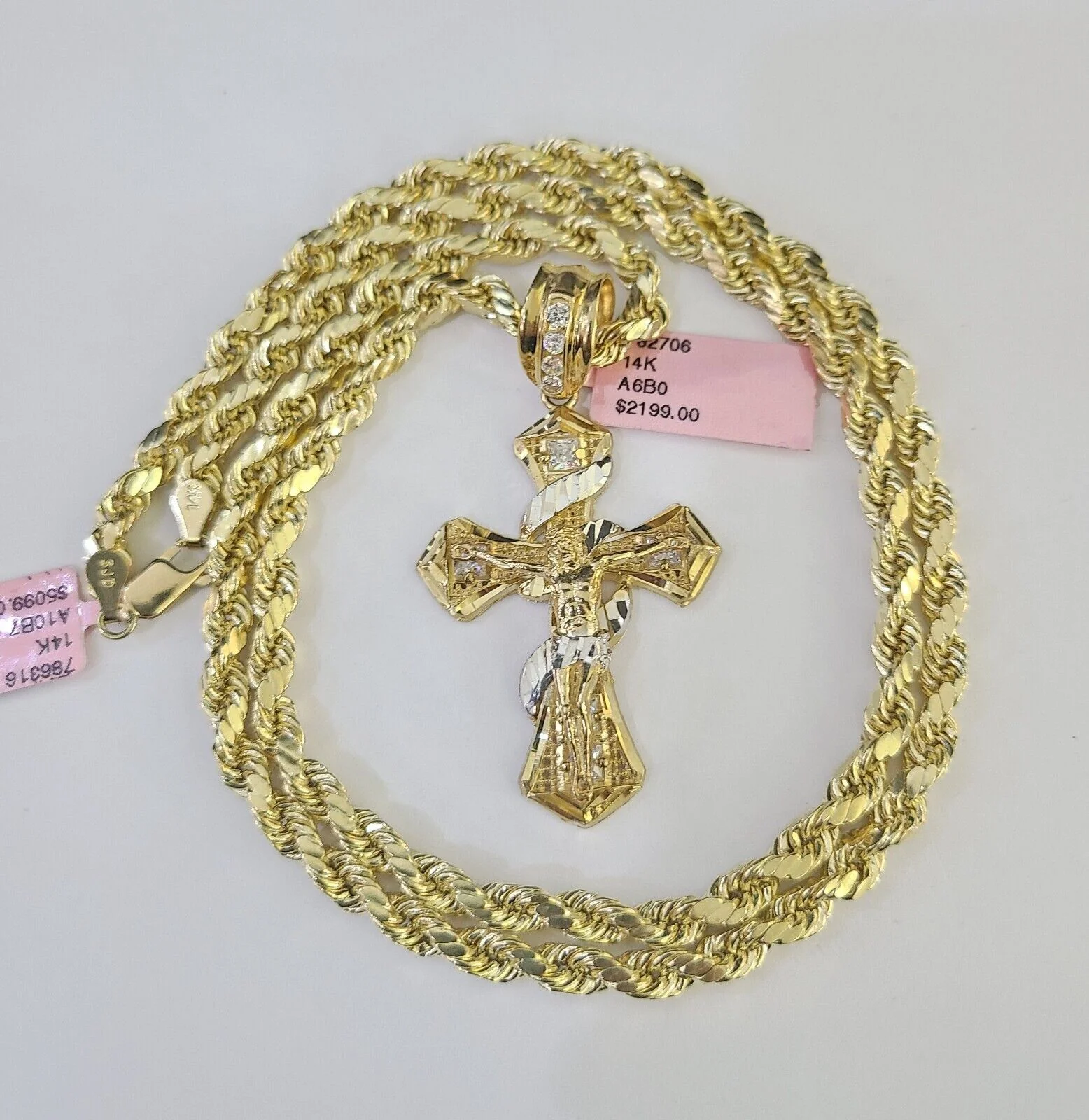 Real 14k Rope Chain Jesus Cross Charm Yellow Gold Set 5mm 20"-30" Necklace - Image 2