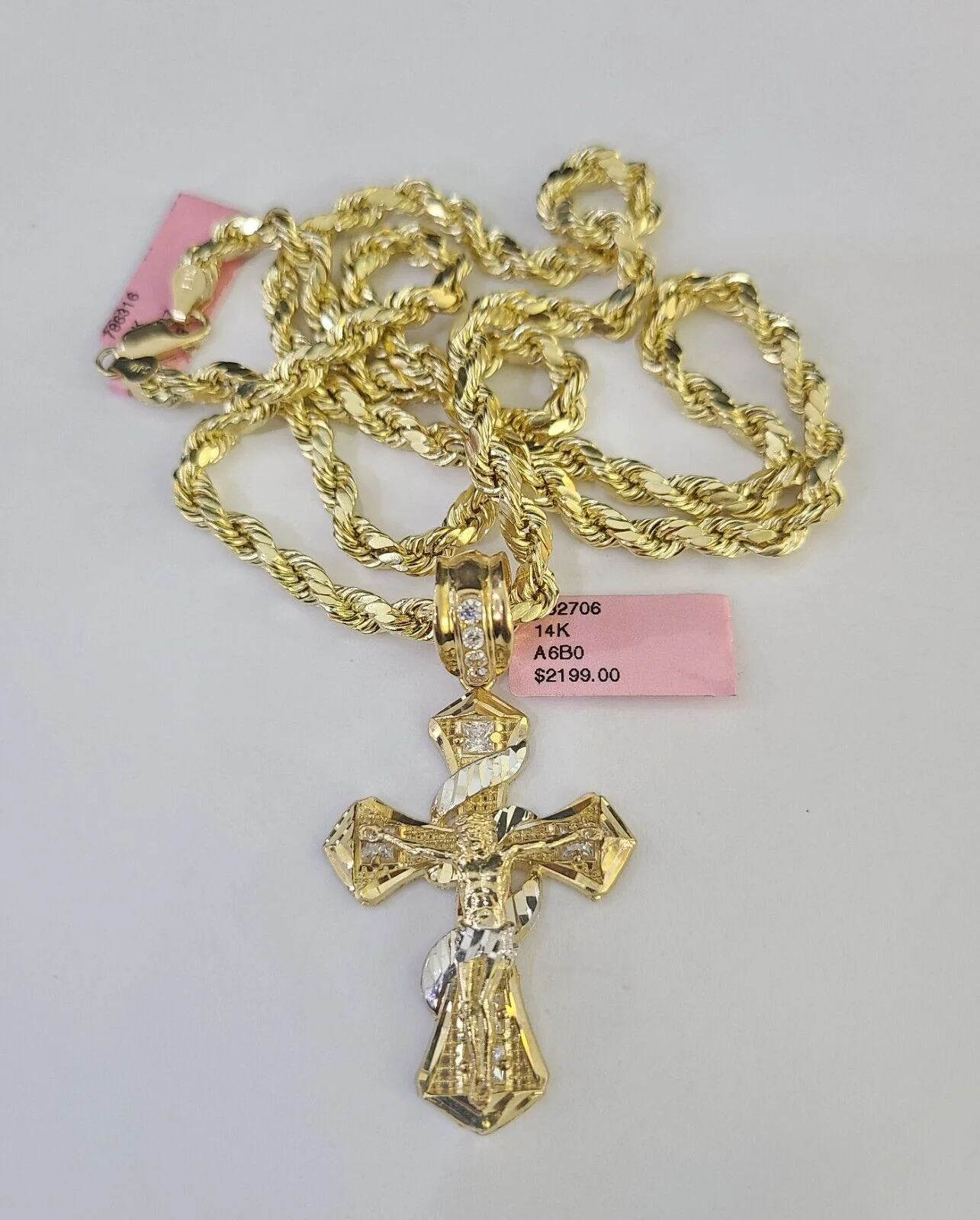 Real 14k Rope Chain Jesus Cross Charm Yellow Gold Set 5mm 20"-30" Necklace - Image 5