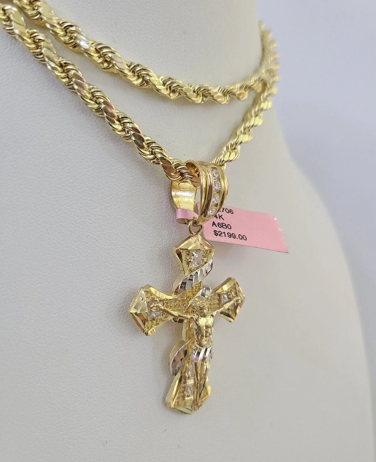 Real 14k Rope Chain Jesus Cross Charm Yellow Gold Set 5mm 20"-30" Necklace - Image 6