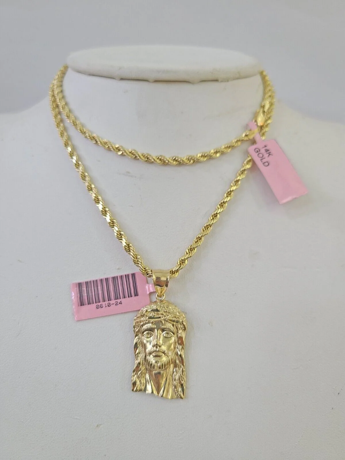 Real 14k Rope Chain Jesus Head Charm Set Yellow Gold 3mm 18-30" Necklace Pendant