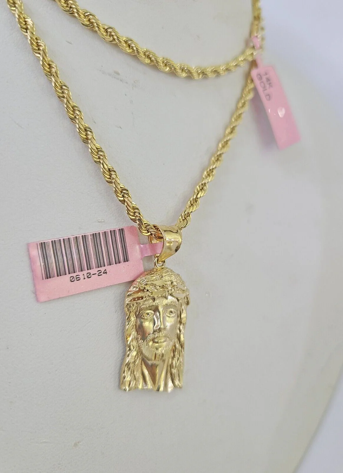 Real 14k Rope Chain Jesus Head Charm Set Yellow Gold 3mm 18-30" Necklace Pendant - Image 2