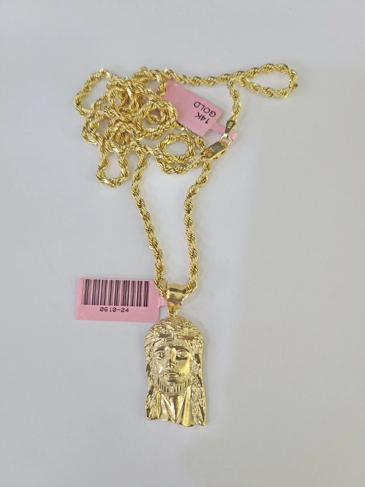 Real 14k Rope Chain Jesus Head Charm Set Yellow Gold 3mm 18-30" Necklace Pendant - Image 4