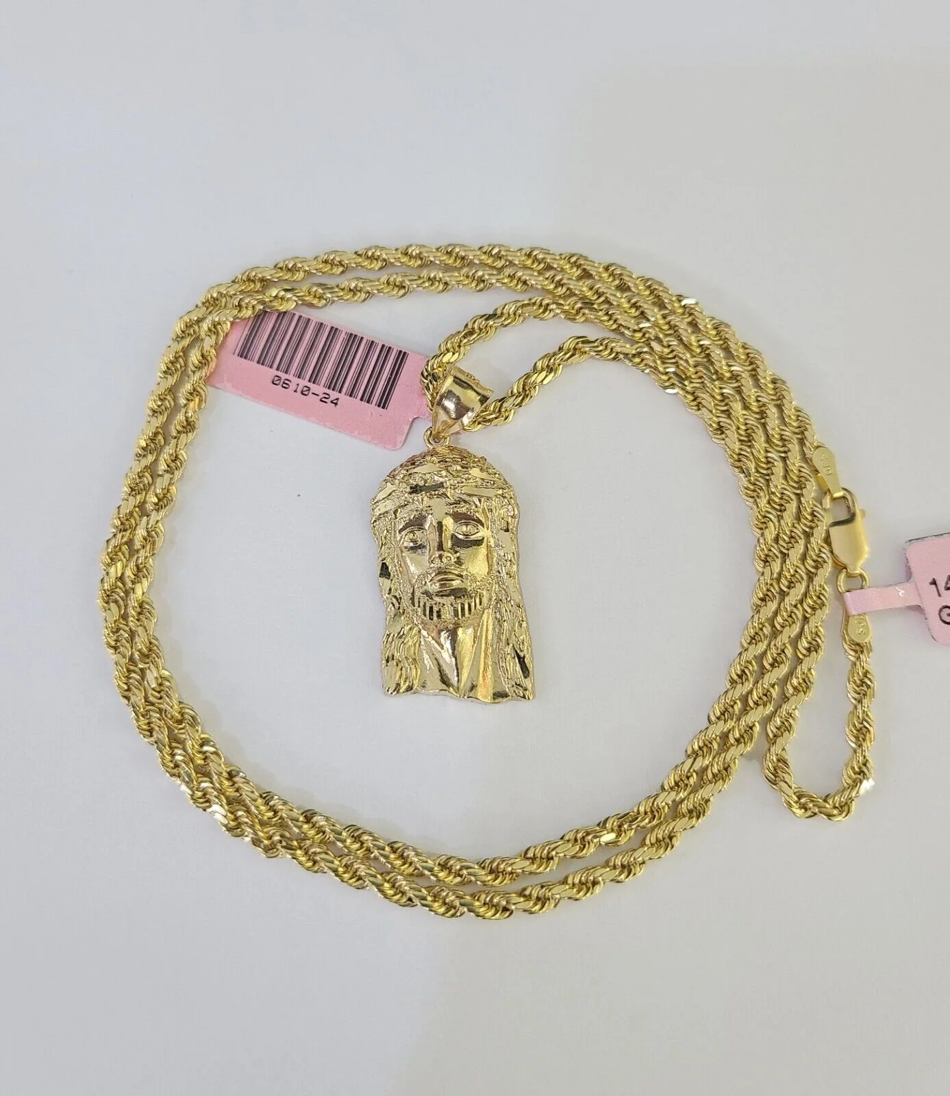 Real 14k Rope Chain Jesus Head Charm Set Yellow Gold 3mm 18-30" Necklace Pendant - Image 6