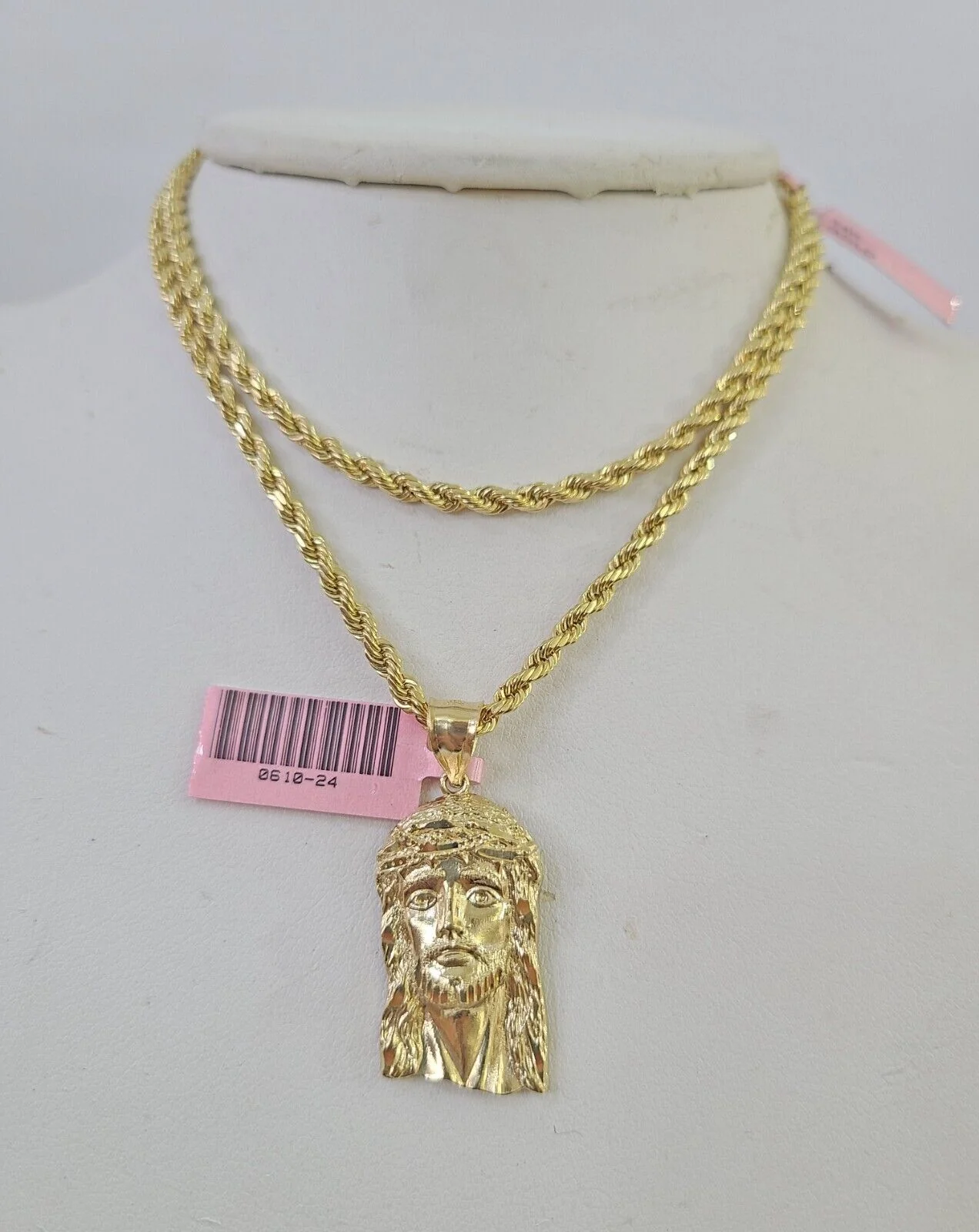 Real 14k Rope Chain Jesus Head Charm Set Yellow Gold 4mm 18-30" Necklace Pendant - Image 2