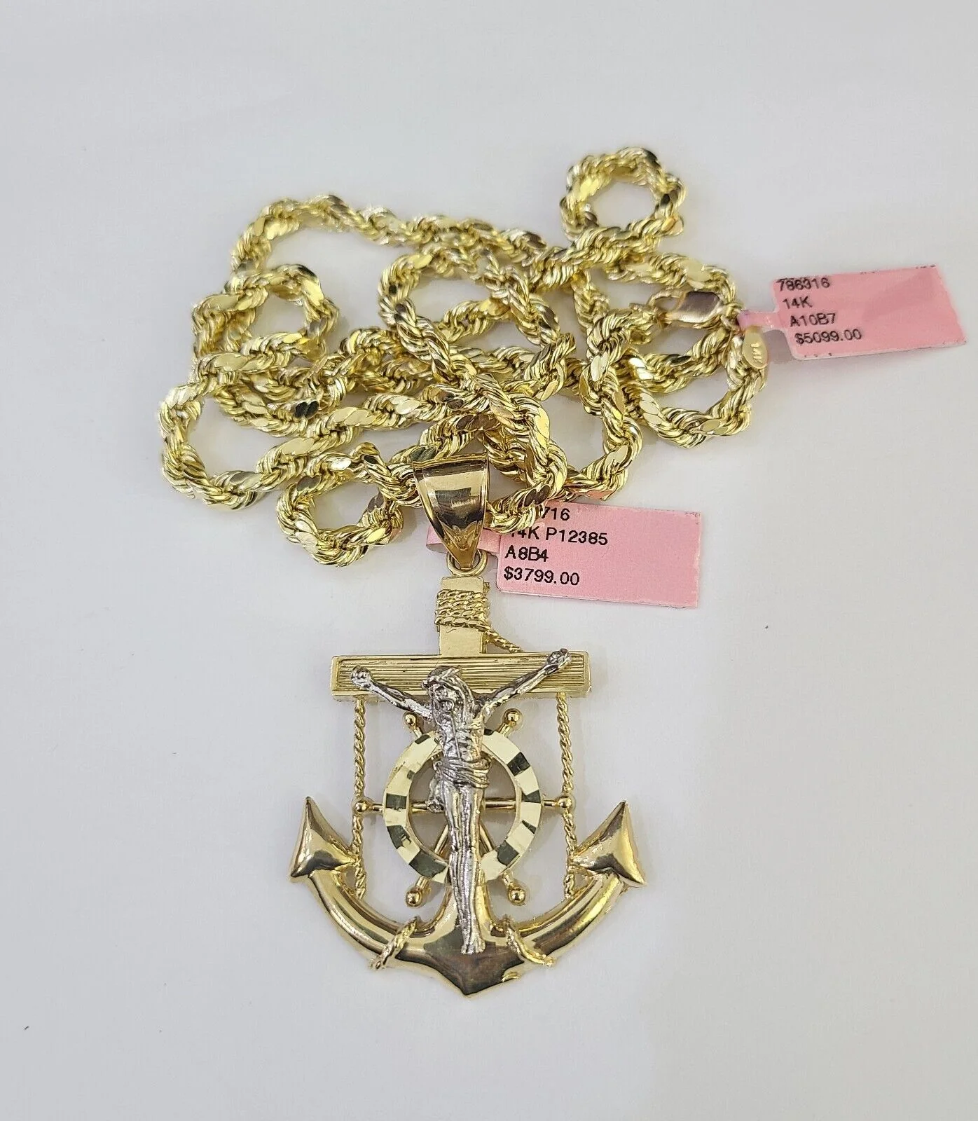 Real 14k Rope Chain Jesus Anchor Charm Yellow Gold Set 5mm 20"-30" Necklace - Image 5