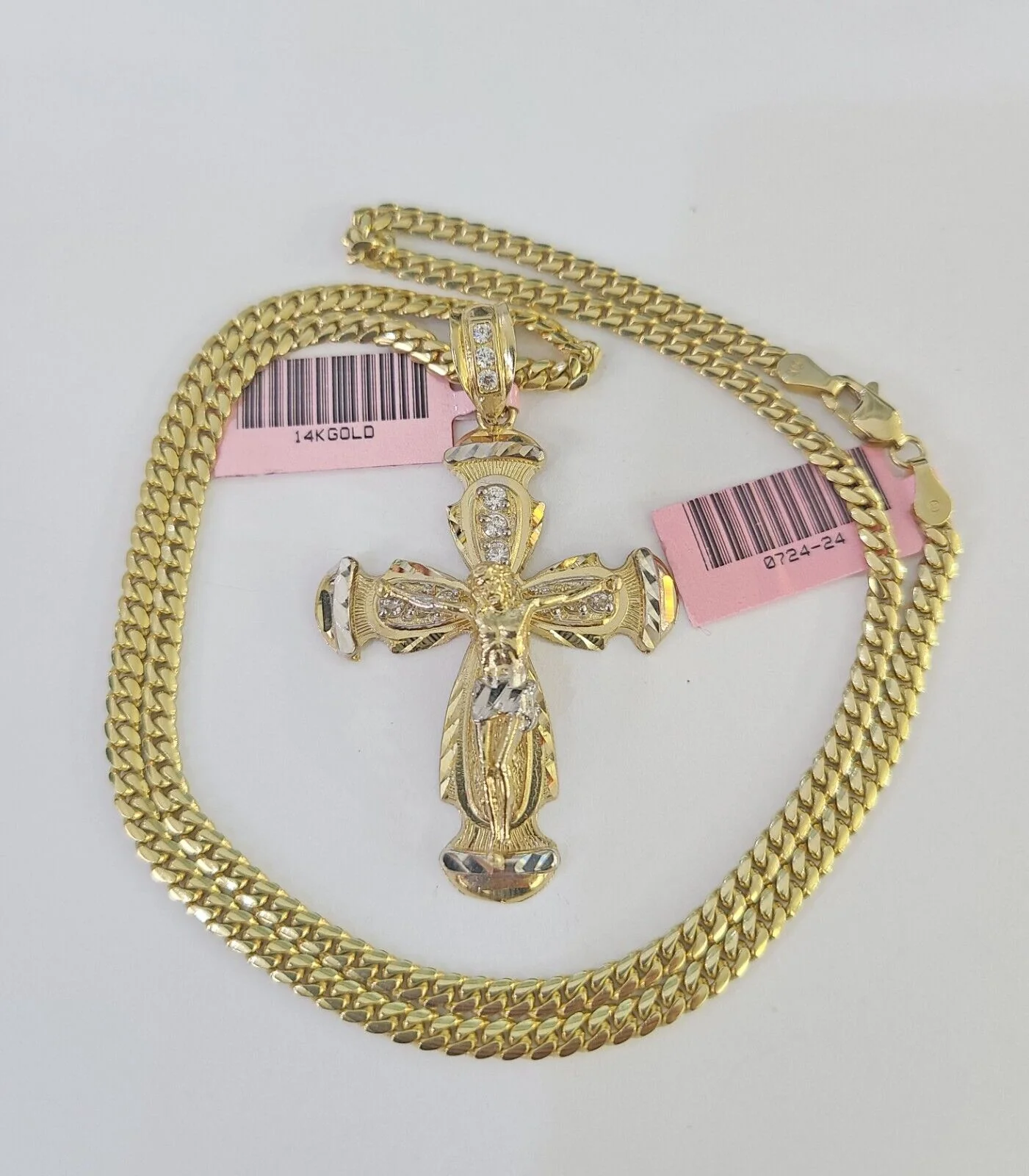 Real 14k Solid Chain Cross Charm Set Miami Cuban Link 3mm Necklace Pendant Gold - Image 5