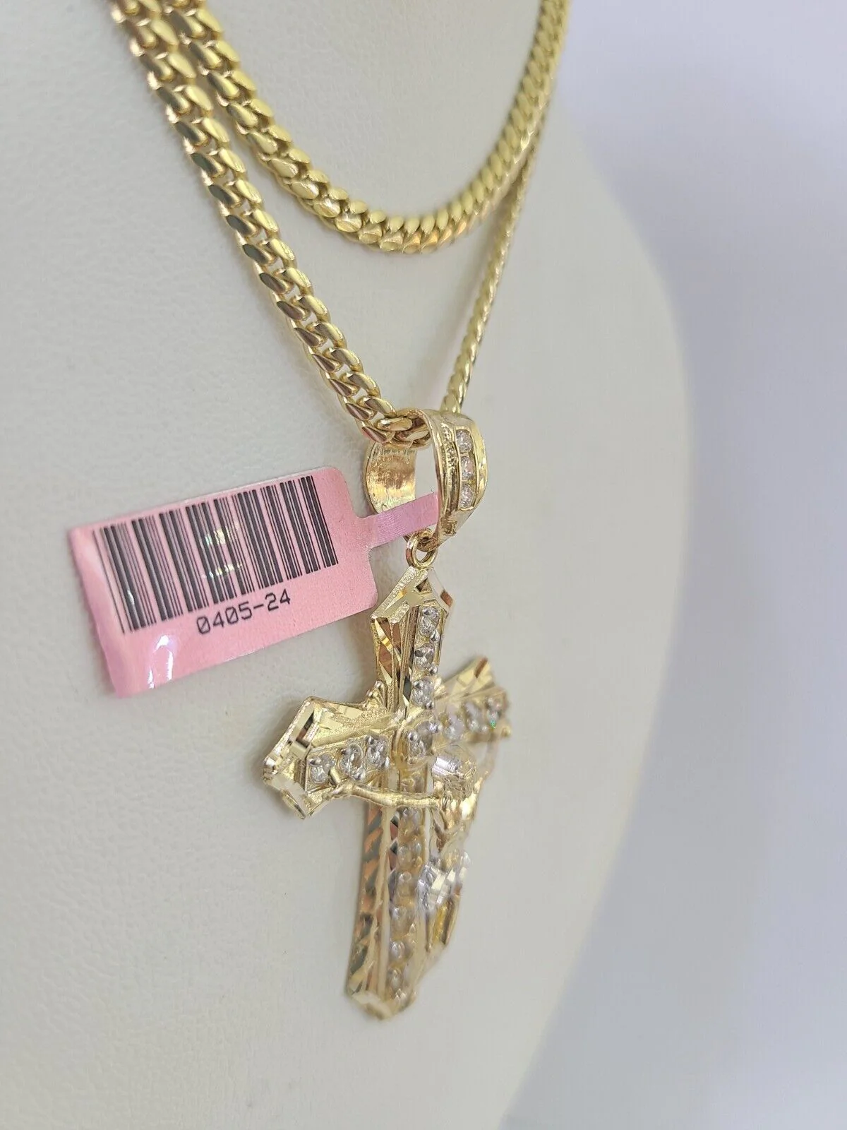 Real 14k Solid Chain Cross Charm Set Miami Cuban Link 3mm Necklace Pendant Gold - Image 2