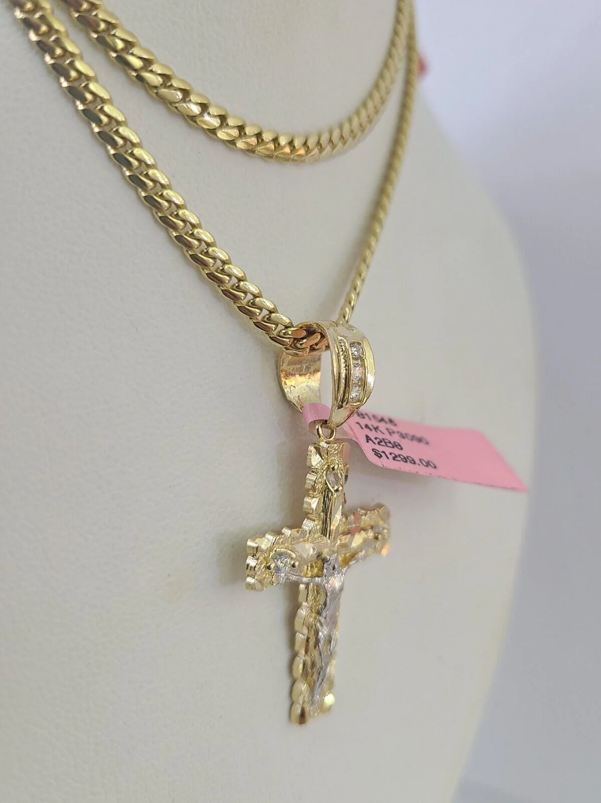 Real 14k Solid Chain Cross Charm Set Miami Cuban Link 3mm Necklace Pendant Gold - Image 5
