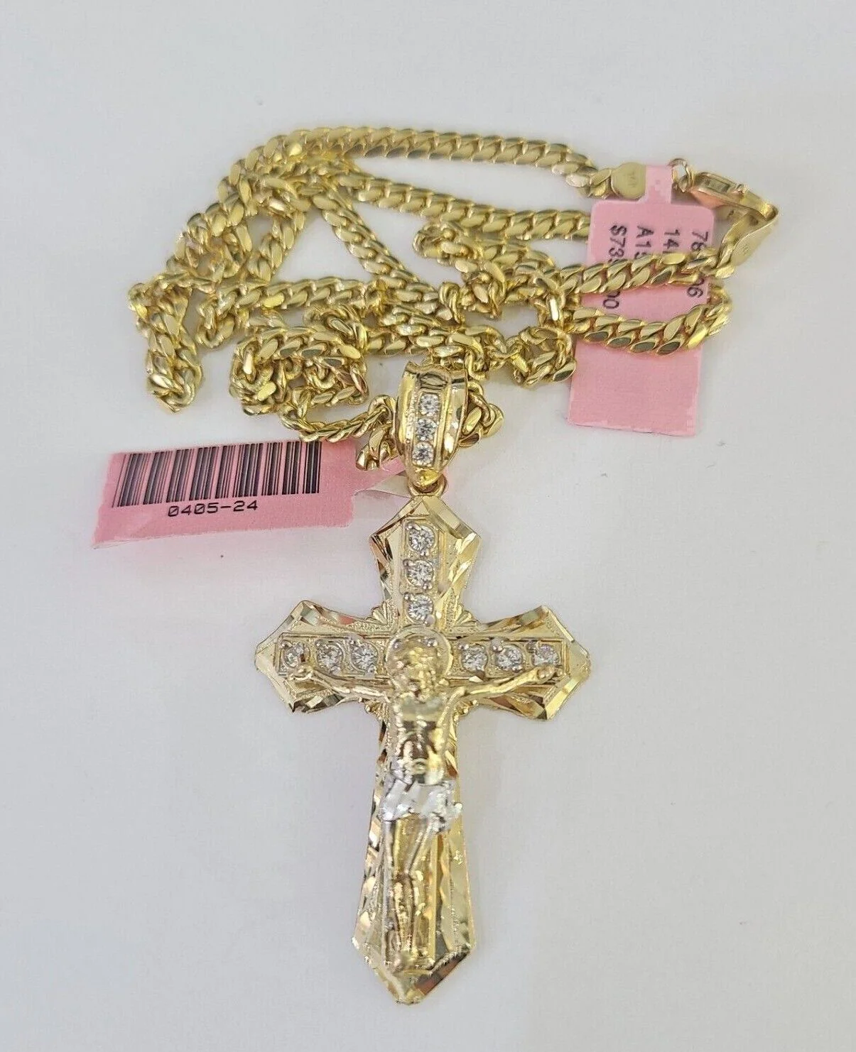 Real 14k Solid Chain Cross Charm Set Miami Cuban Link 3mm Necklace Pendant Gold - Image 6