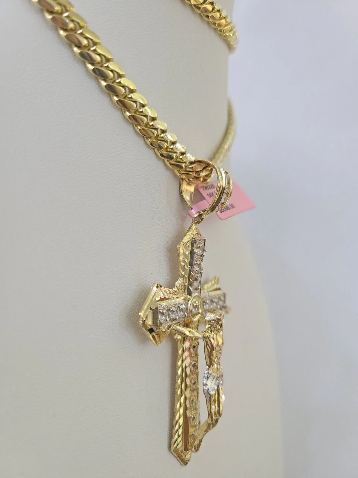 Real 14k Solid Chain Cross Charm Set Miami Cuban Link 6mm Necklace Pendant Gold - Image 2