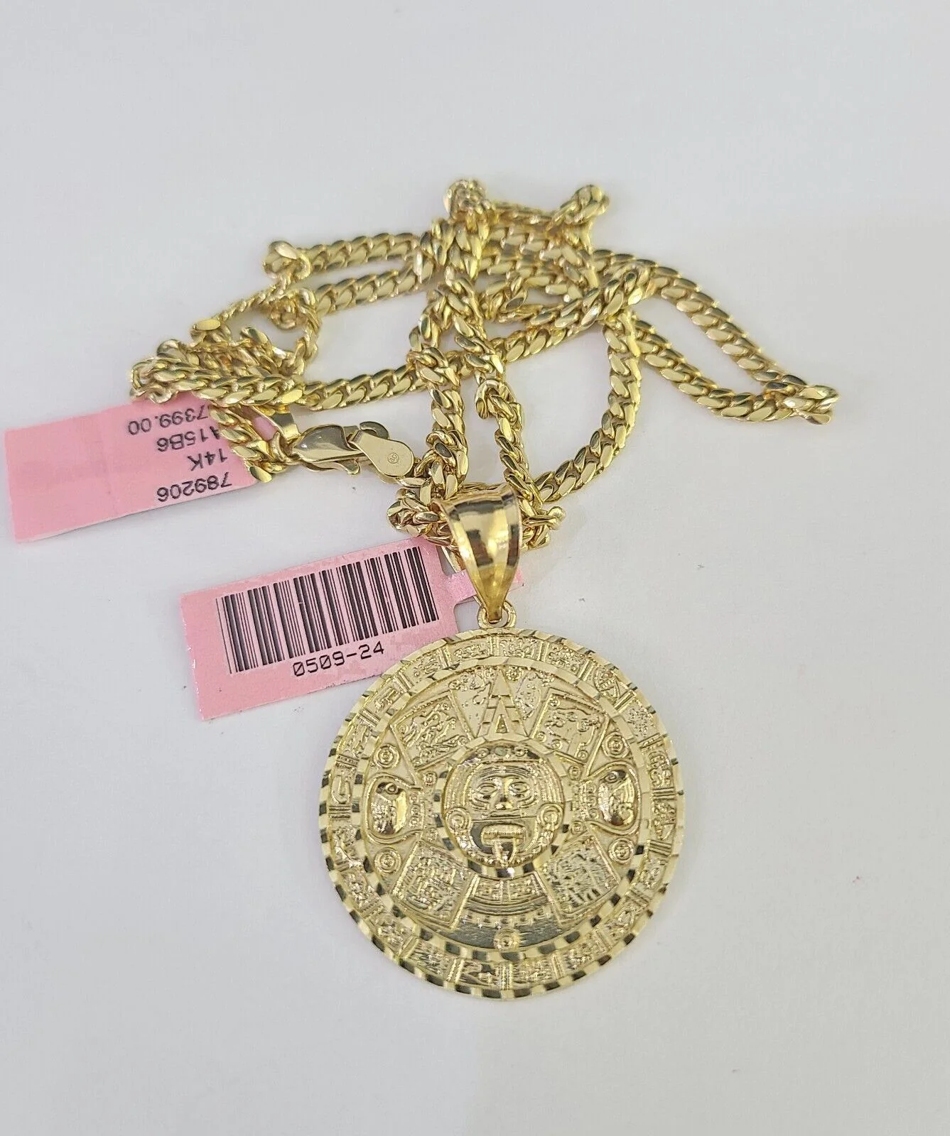 Real 14k Solid Chain Mayan Calendar Charm Set Miami Cuban 3mm Necklace Pendant - Image 5