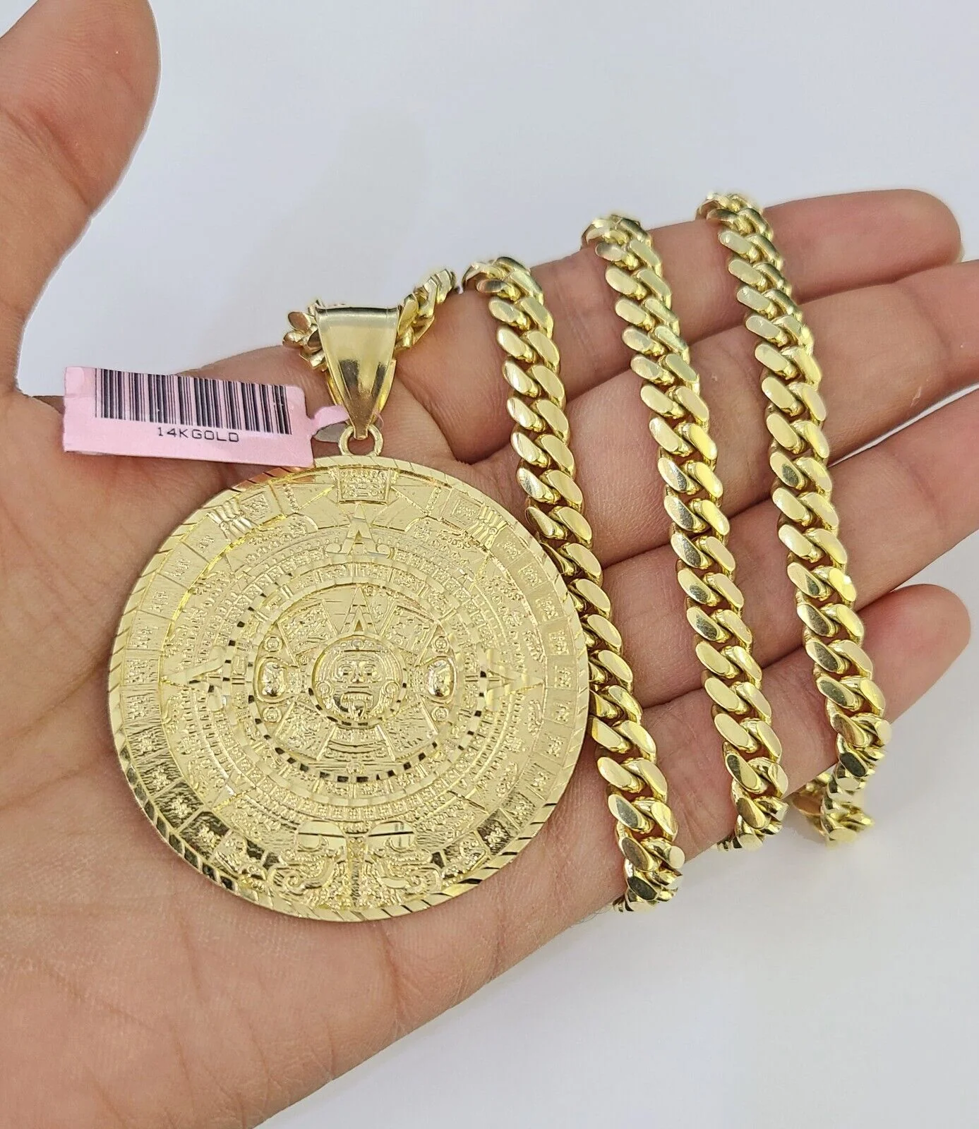 Real 14k Solid Chain Mayan Calendar Charm Set Miami Cuban 6mm Necklace Gold - Image 3
