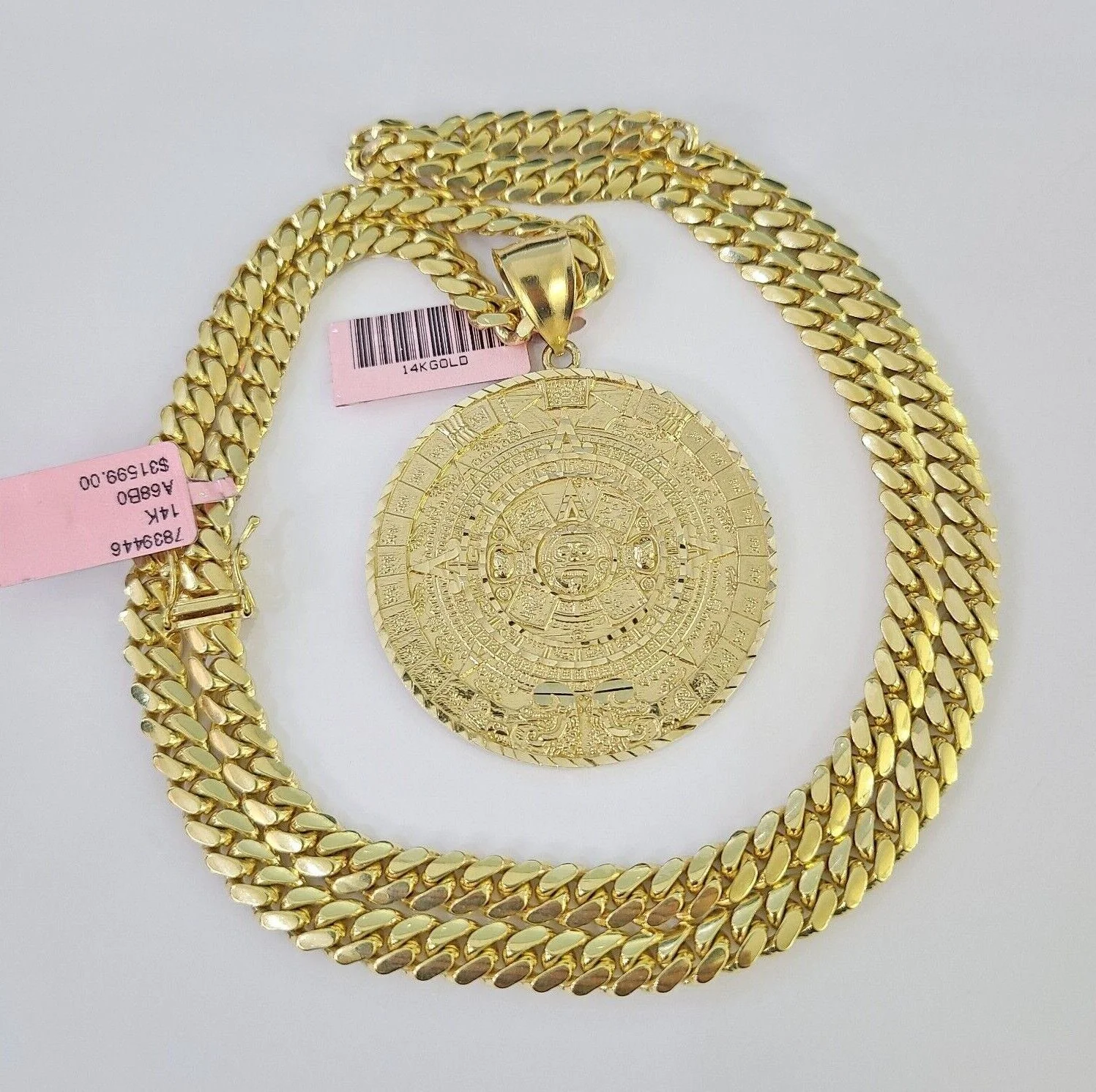 Real 14k Solid Chain Mayan Calendar Charm Set Miami Cuban 6mm Necklace Gold - Image 4