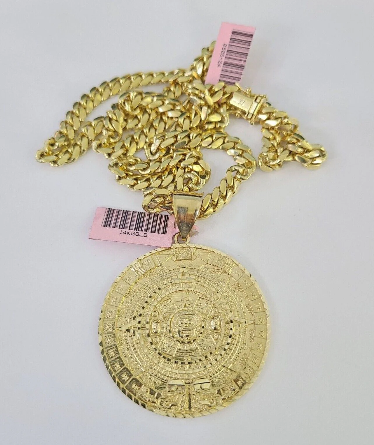 Real 14k Solid Chain Mayan Calendar Charm Set Miami Cuban 6mm Necklace Gold - Image 5