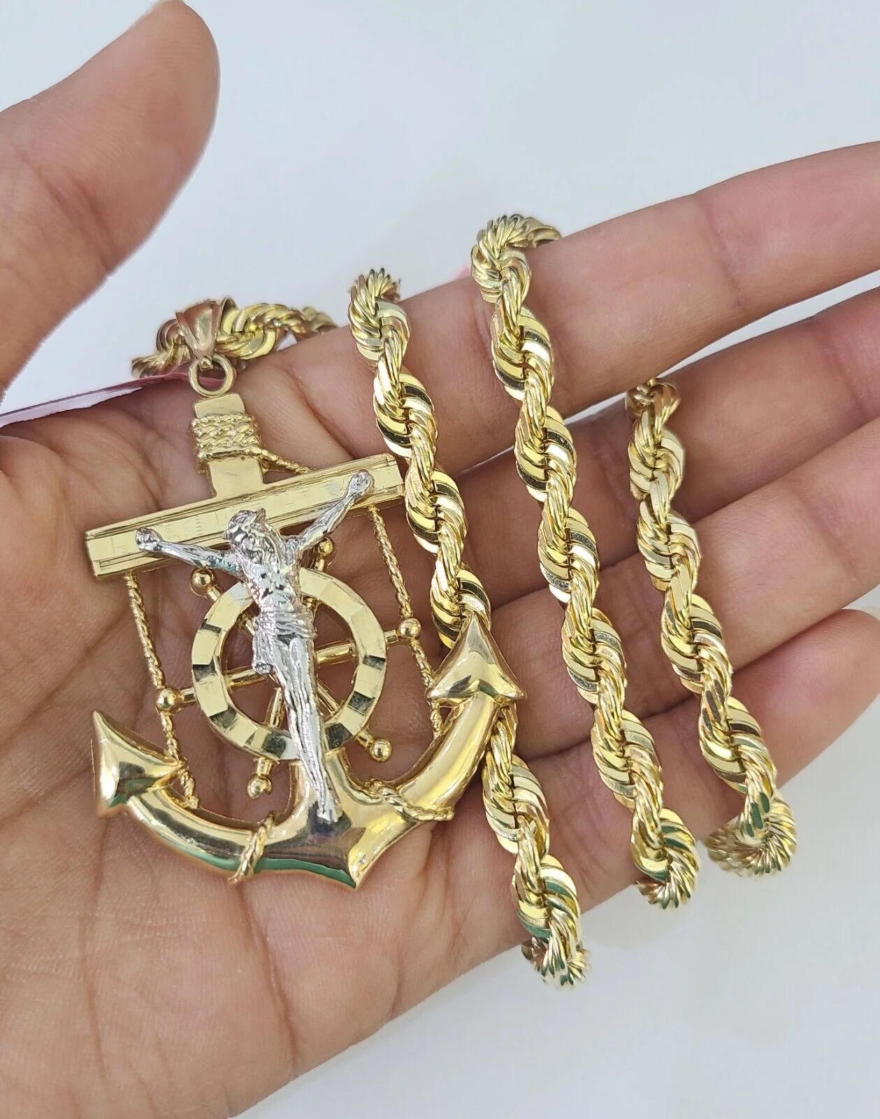 Real 14k Solid Rope Chain Jesus Anchor Charm Set 6mm 18"-30" Necklace Gold - Image 3