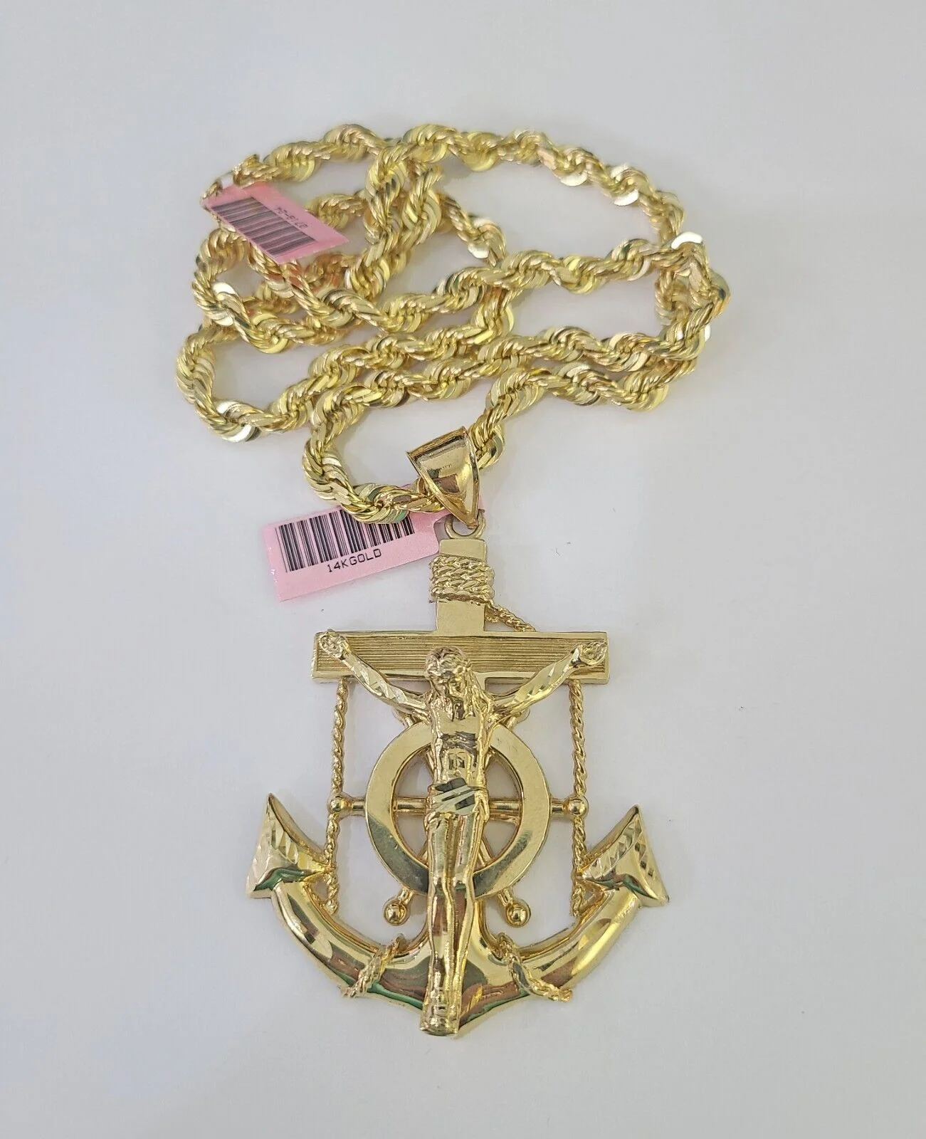 Real 14k Solid Rope Chain Jesus Anchor Charm Set 6mm 18"-30" Necklace Gold - Image 6