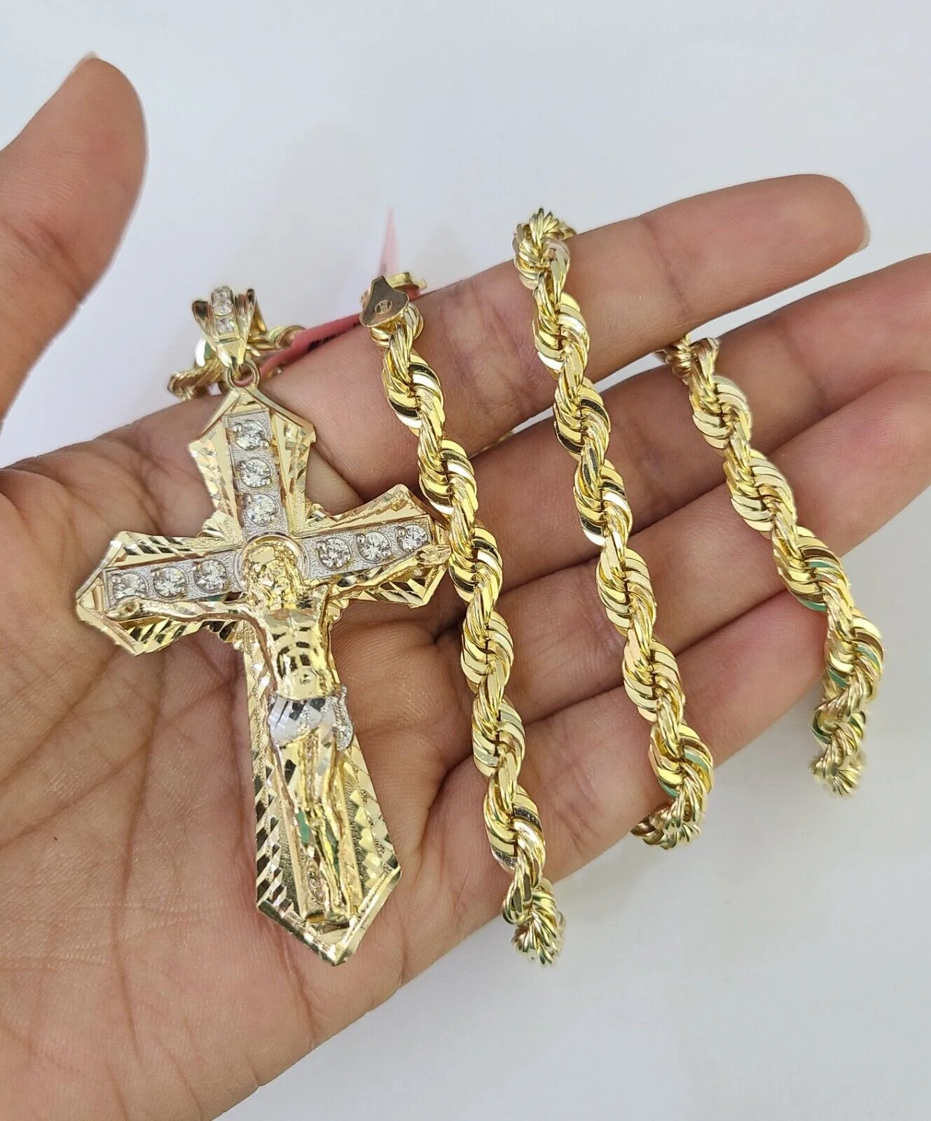 Real 14k Solid Rope Chain Jesus Cross Charm Set 6mm 18"-30" Necklace Gold - Image 5
