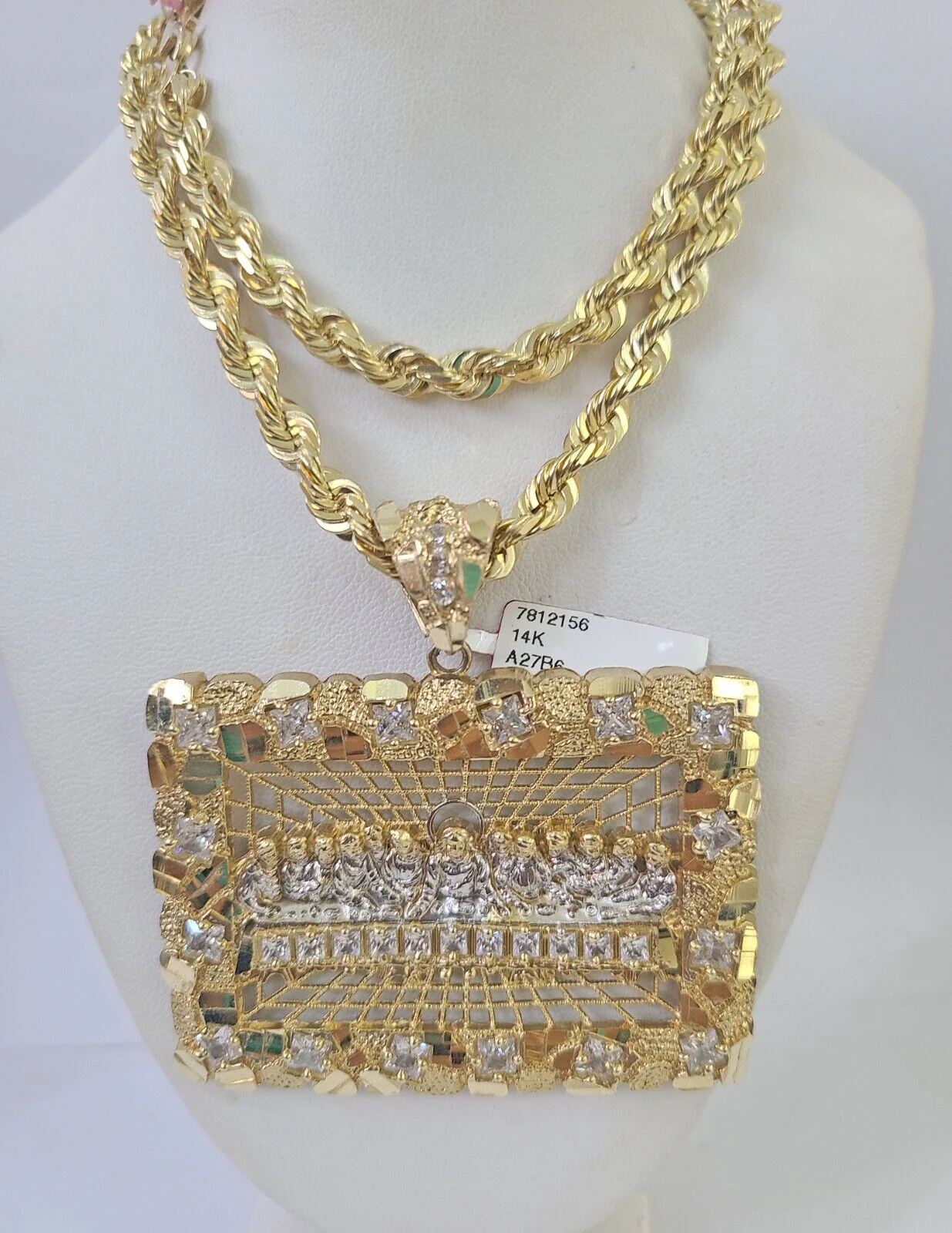Real 14k Solid Rope Chain Last Supper Charm Set 6mm 18"-30" Necklace Gold - Image 6