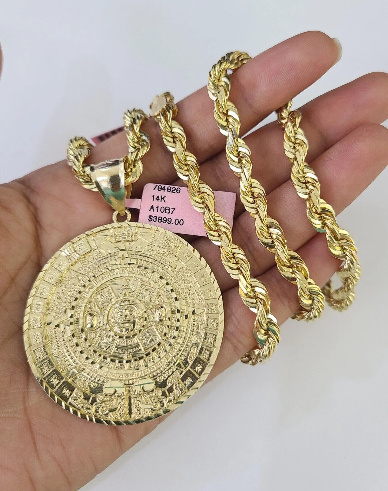 Real 14k Solid Rope Chain Mayan Calendar Charm Set 6mm 18"-30" Necklace Gold - Image 5