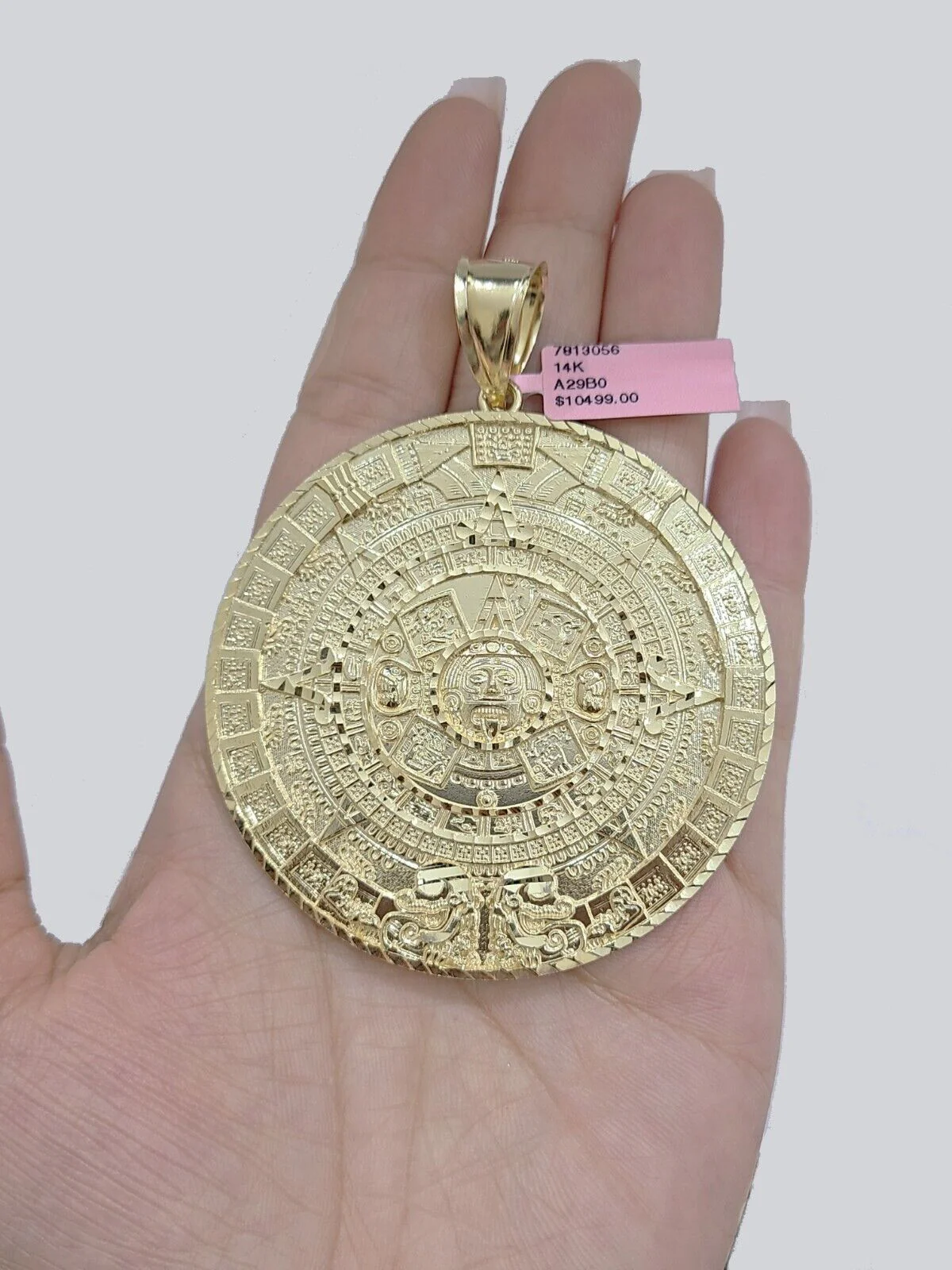 Real 14K Yellow Gold Aztec Calendar Charm Solid Pendant For Chain 14KT Necklace - Image 13
