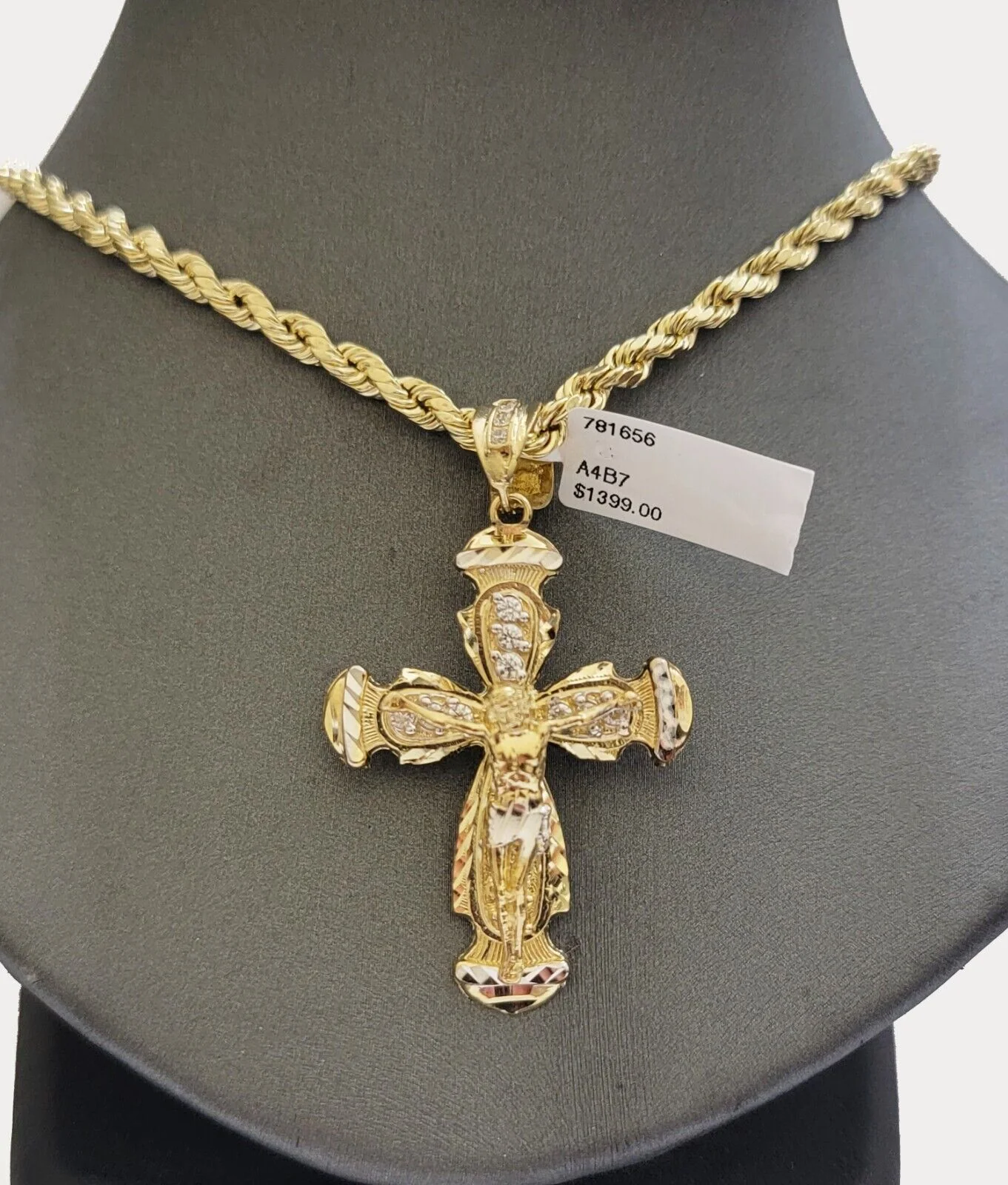 Real 14k Yellow Gold Cross pendant With Rope Chain Necklace 5mm 26" SET Charm - Image 2
