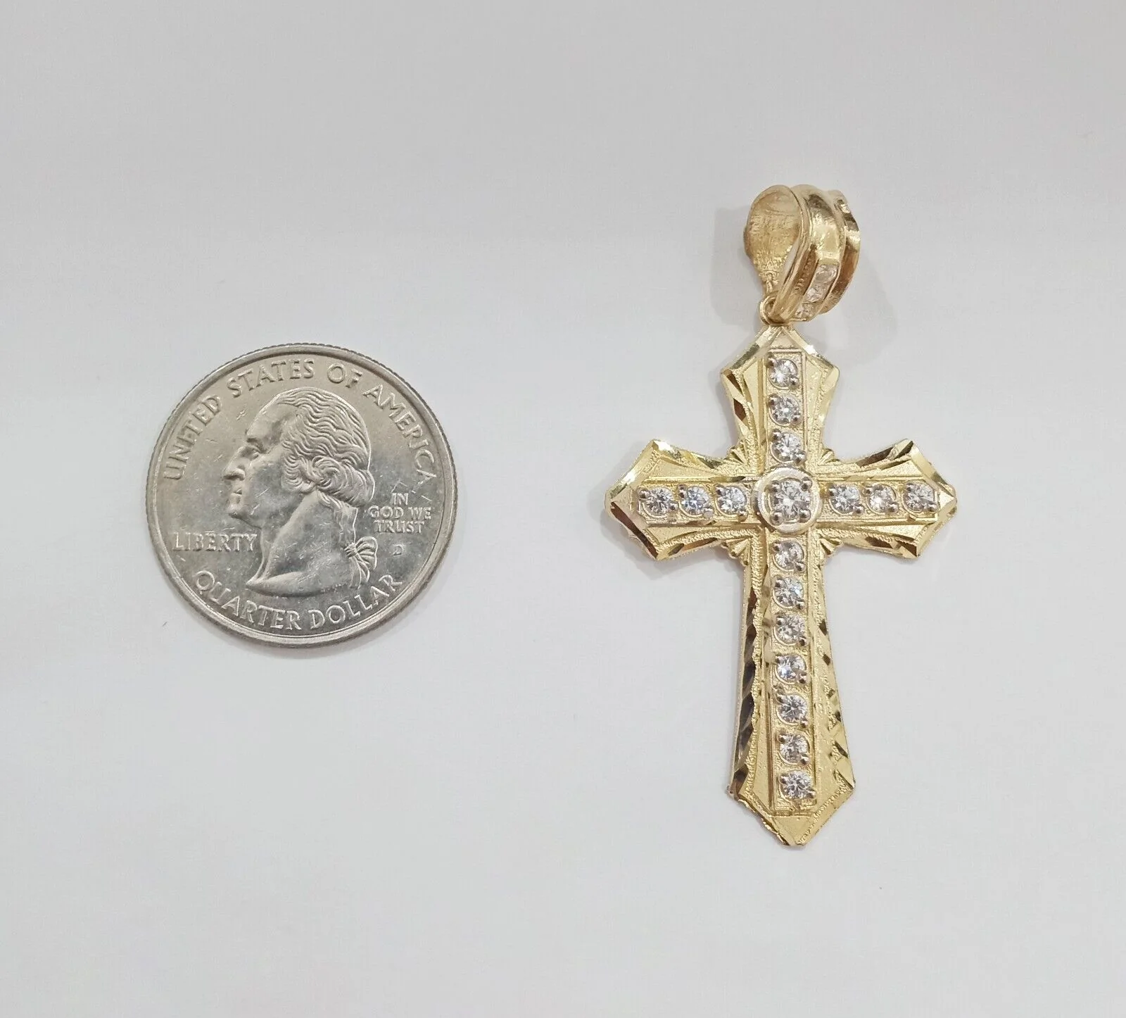 Real 14k Yellow Gold Diamond Cut Cross Charm Pendant 2" - Image 4