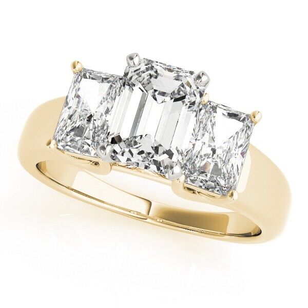 Real 14k Yellow Gold IGI Certified 3 Stone Diamond Ring 3CT Lab Created Round VS Ring Sizes 6,7,8,9,10,11 & 12