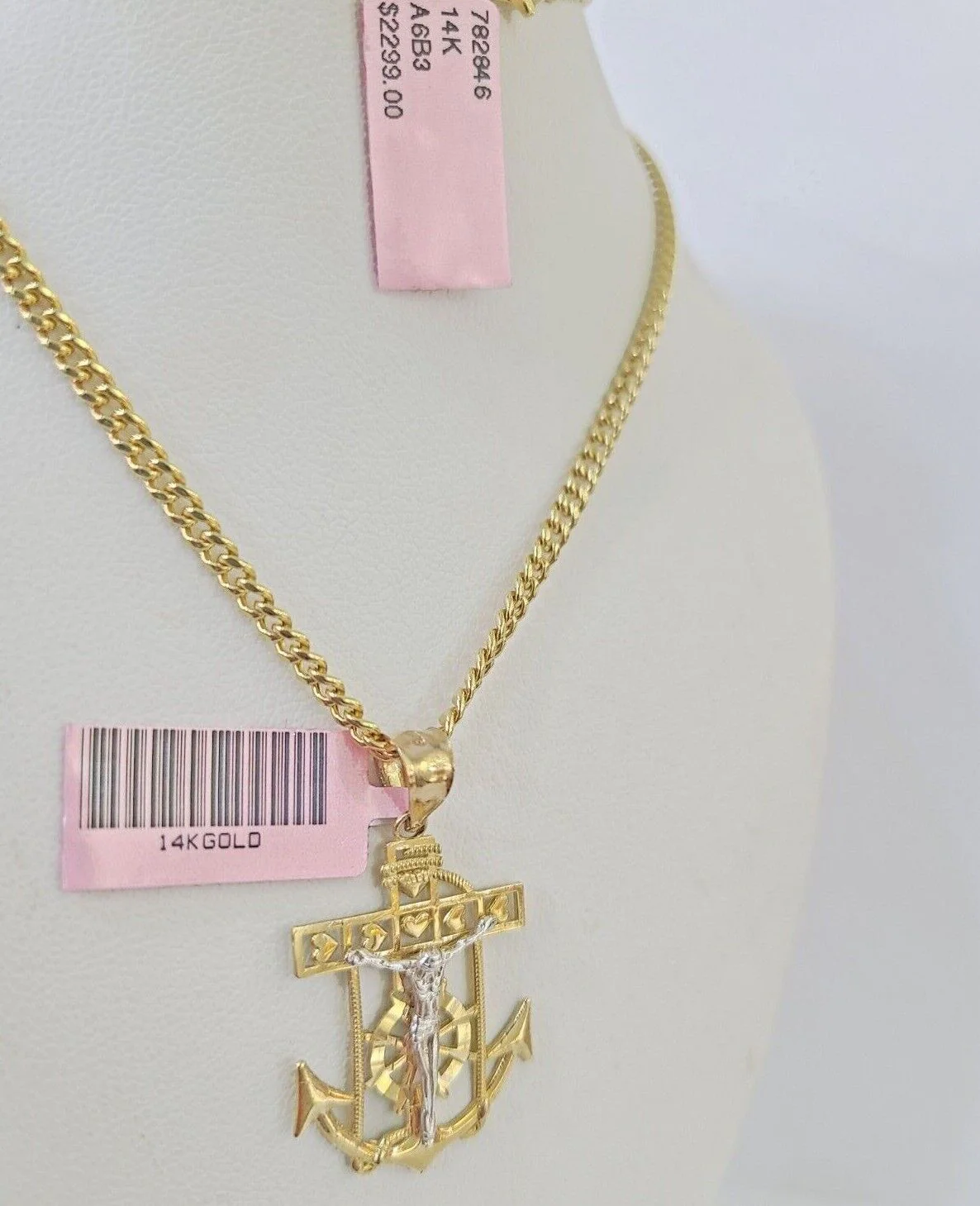 Real 14k Yellow Gold Jesus Anchor Charm Pendant &Miami Cuban Link Chain Necklace - Image 3
