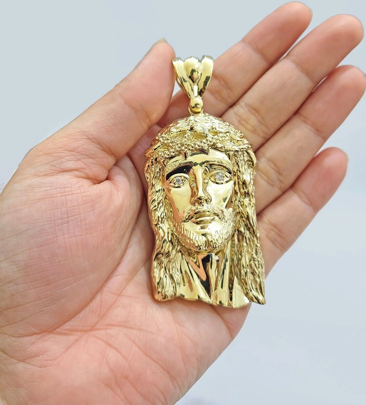 Real 14k Yellow Gold Jesus Face Charm Pendant Head 3" Inch For Chain, 14KT - Image 3