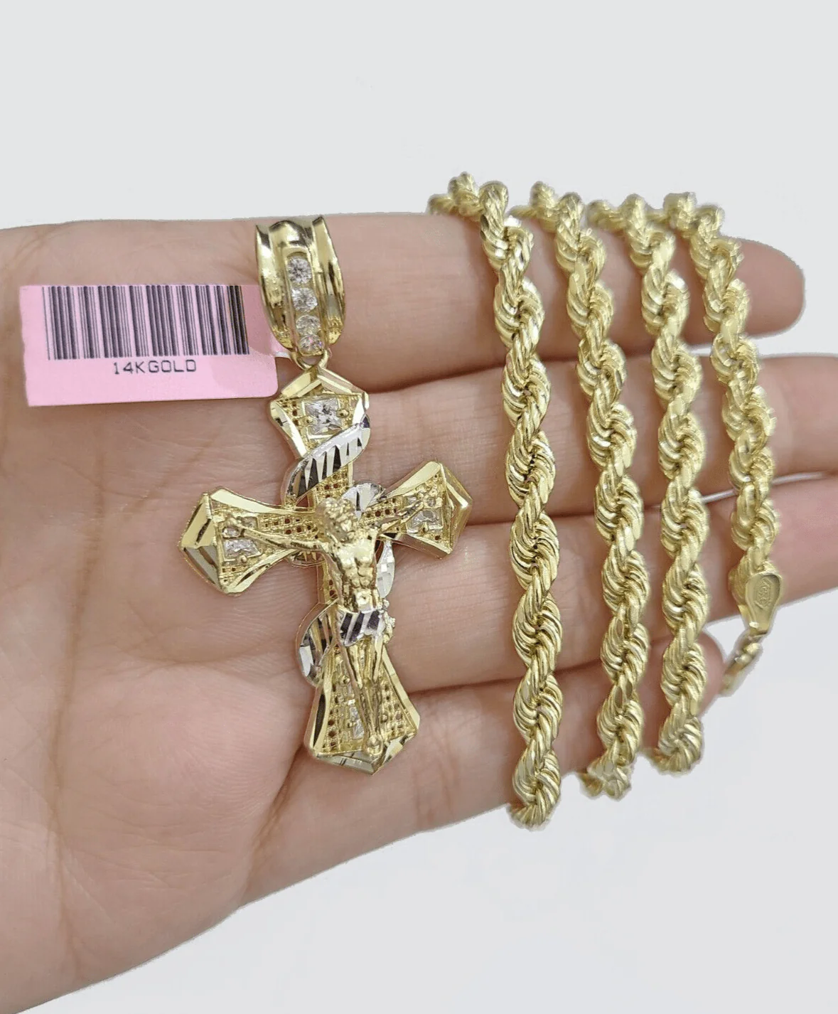 Real 14k Yellow Gold Rope Chain 5mm 18'' Necklace Jesus Cross Charm Pendant 14kt - Image 8