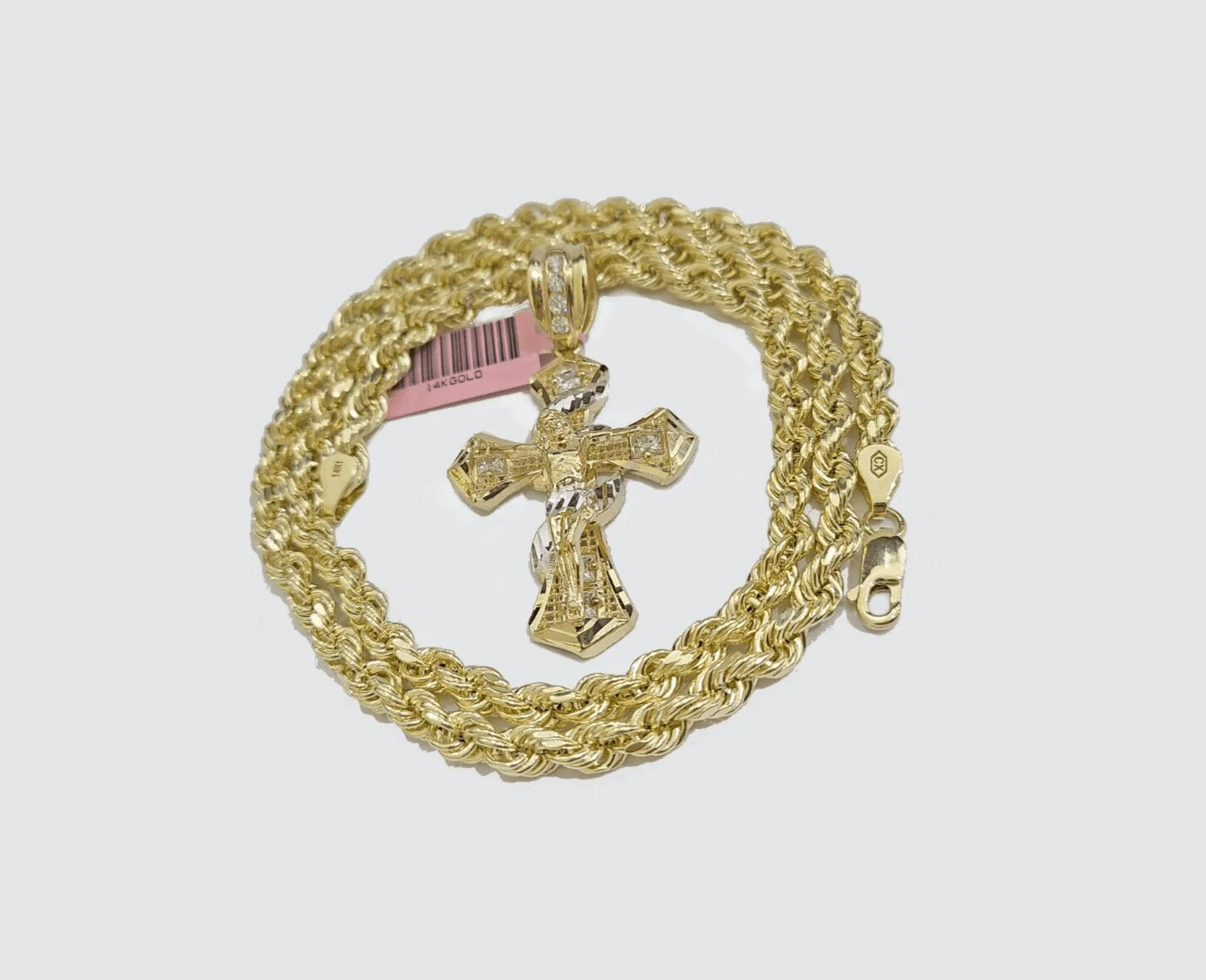 Real 14k Yellow Gold Rope Chain 5mm 20'' Necklace Jesus Cross Charm Pendant 14kt - Image 10