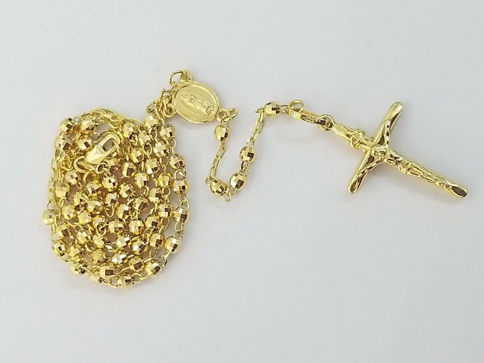 Real 14k Yellow Gold Rosary Necklace Women 21" Jesus Crucifix Diamond Cut Solid - Image 2