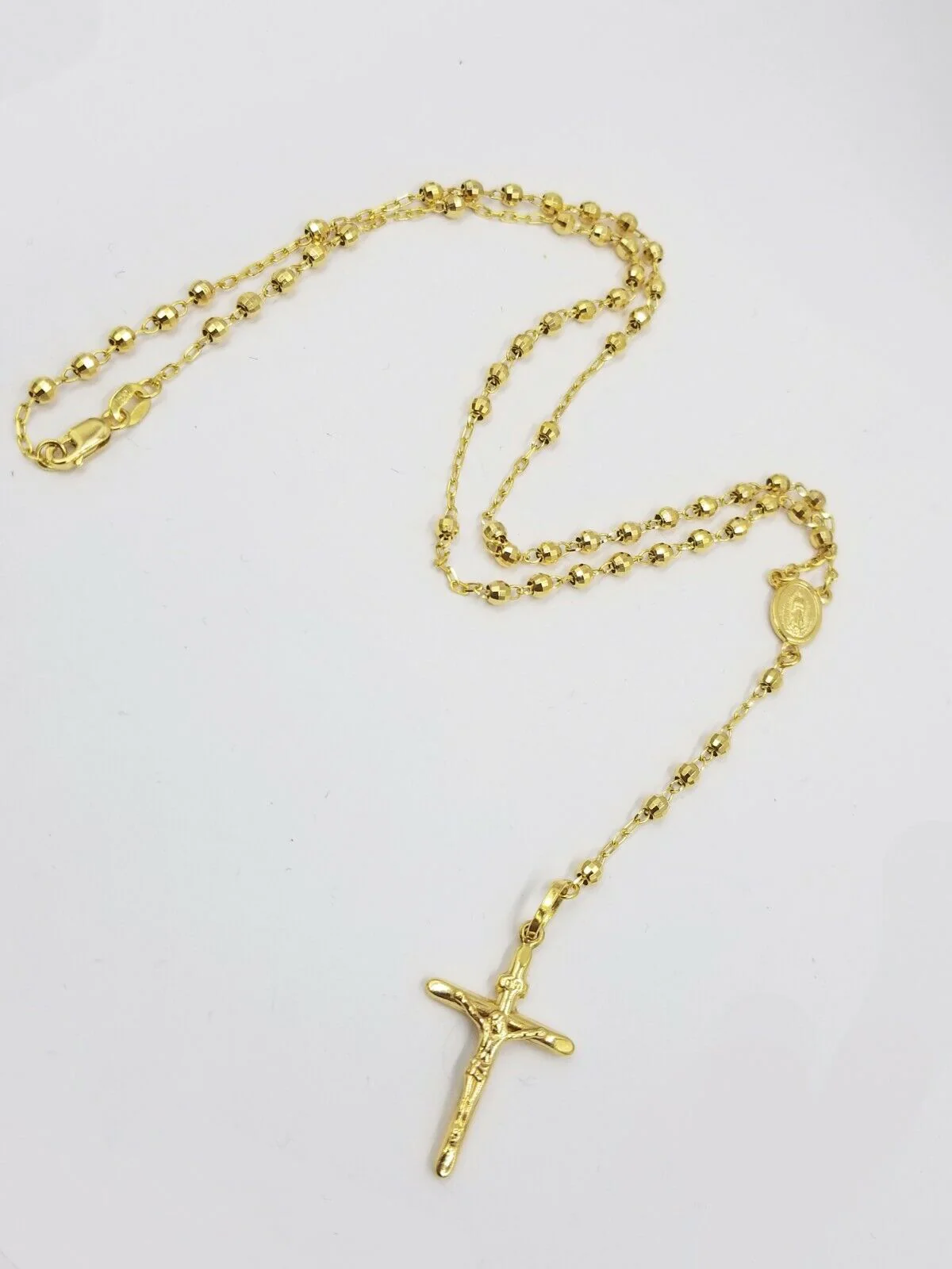 Real 14k Yellow Gold Rosary Necklace Women 21" Jesus Crucifix Diamond Cut Solid - Image 3