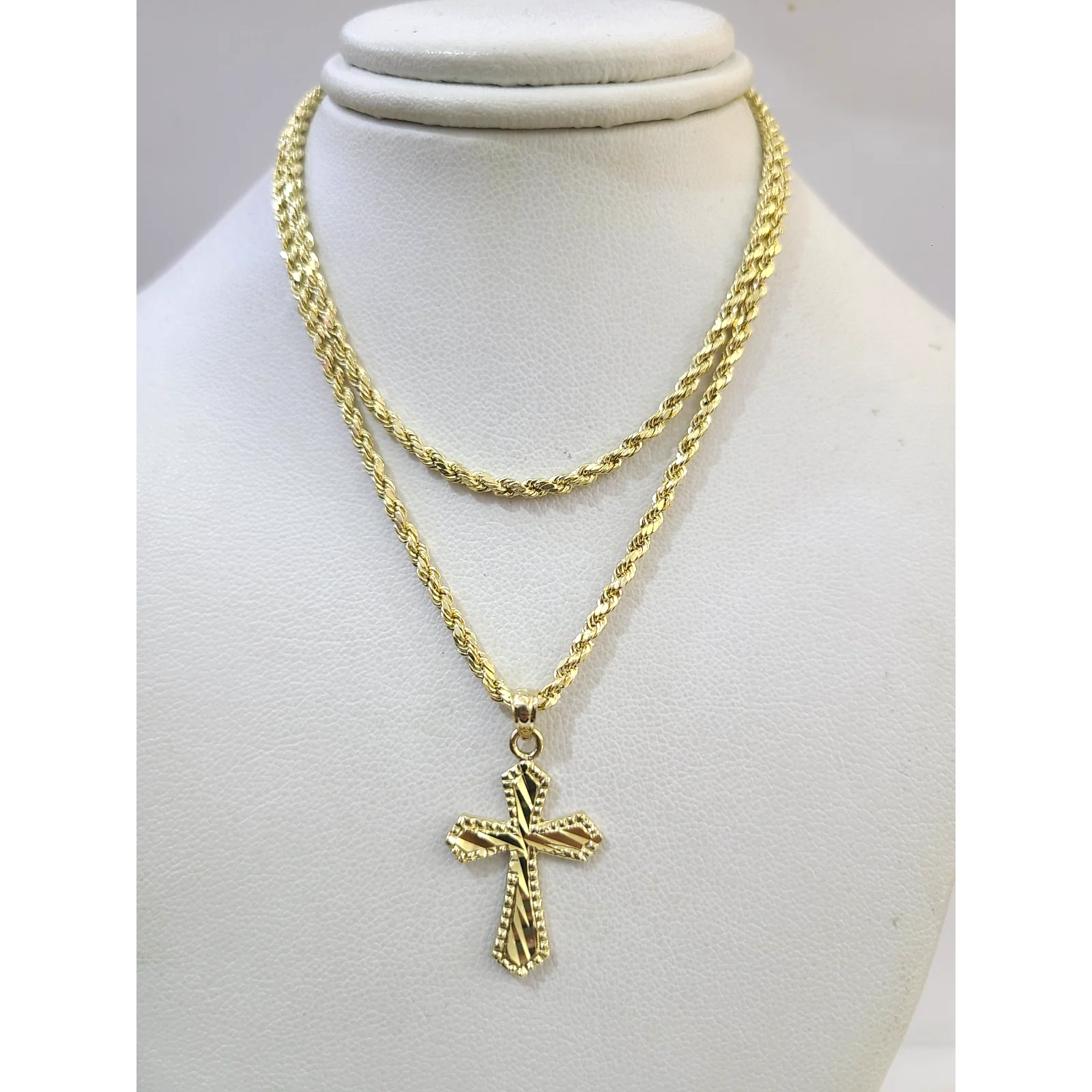Real Gold 10k Rope Chain Cross Charm Necklace Pendant Set 2mm 16"-26" Gold