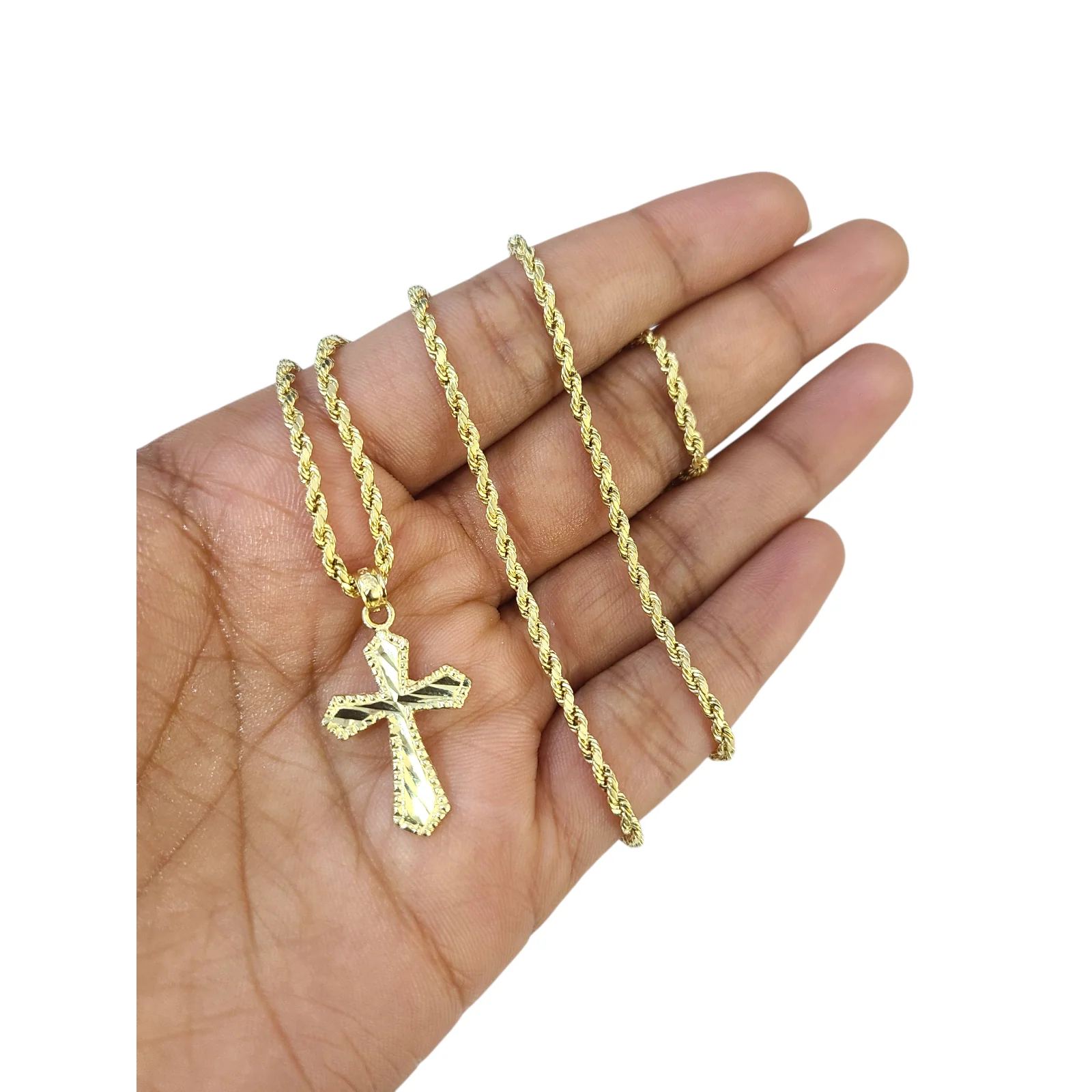 Real Gold 10k Rope Chain Cross Charm Necklace Pendant Set 2mm 16"-26" Gold - Image 5