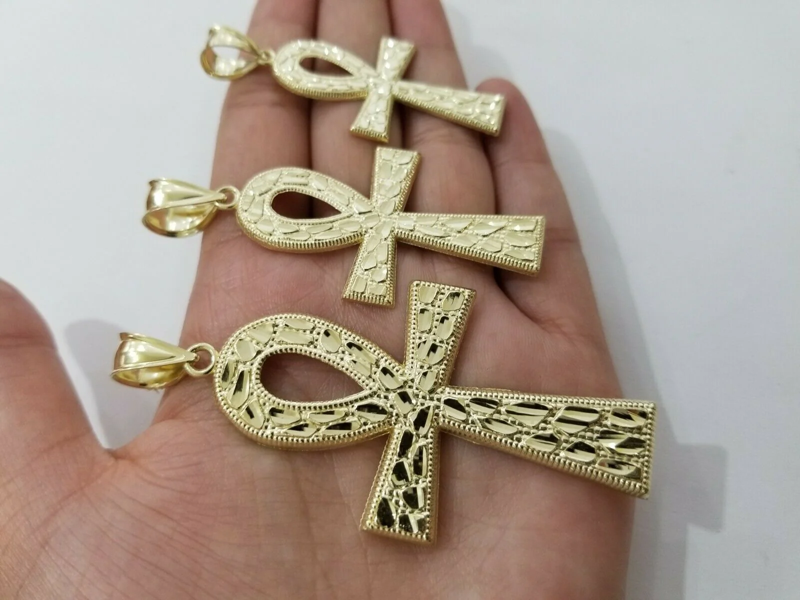 Real Gold Ankh Cross Charm Pendant 10k Yellow Gold Nugget Diamond Cuts Men Women - Image 12