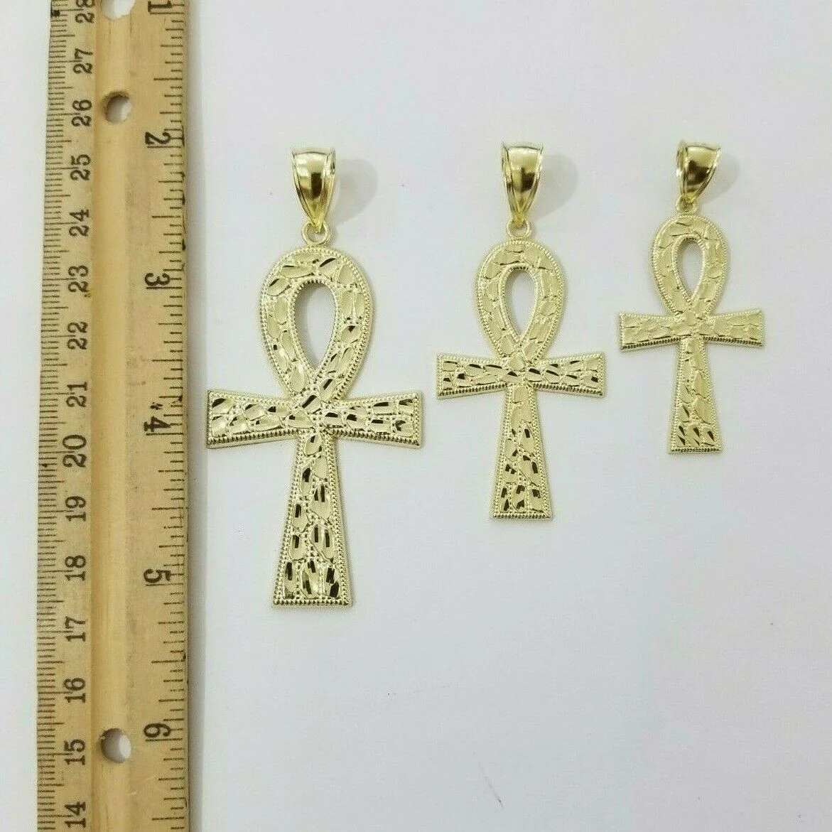 Real Gold Ankh Cross Charm Pendant 10k Yellow Gold Nugget Diamond Cuts Men Women - Image 2
