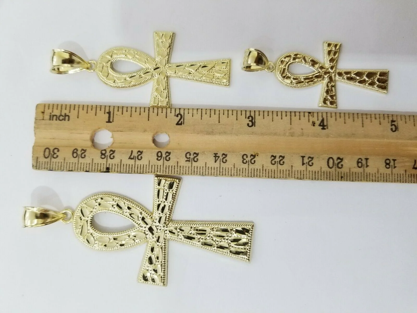 Real Gold Ankh Cross Charm Pendant 10k Yellow Gold Nugget Diamond Cuts Men Women - Image 3