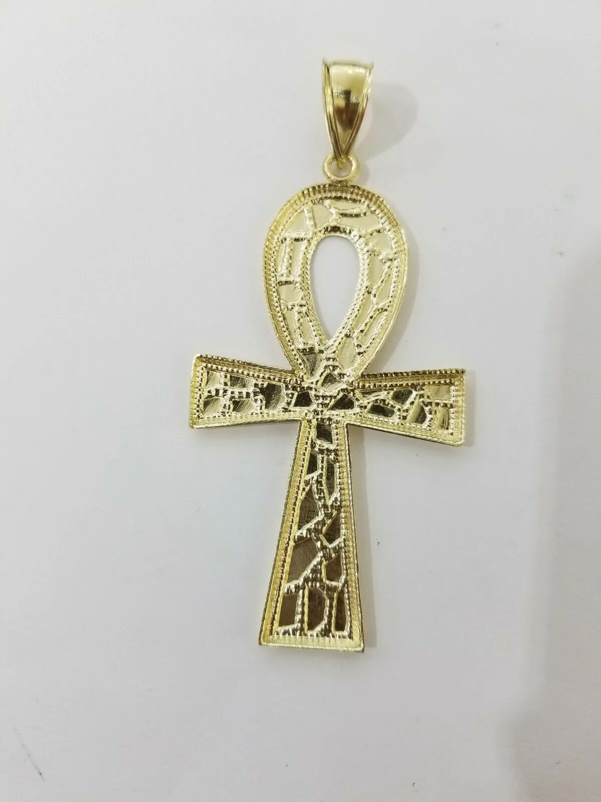 Real Gold Ankh Cross Charm Pendant 10k Yellow Gold Nugget Diamond Cuts Men Women - Image 6