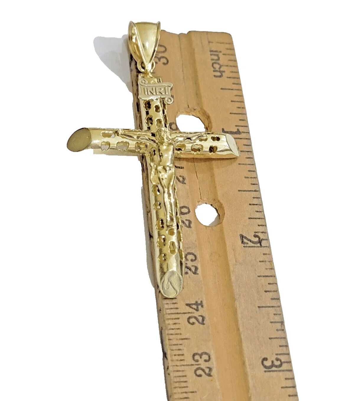 Real Gold Cross Charm Jesus christ pendant INRI crucifix 10k Yellow oro 2.4 Inch - Image 2