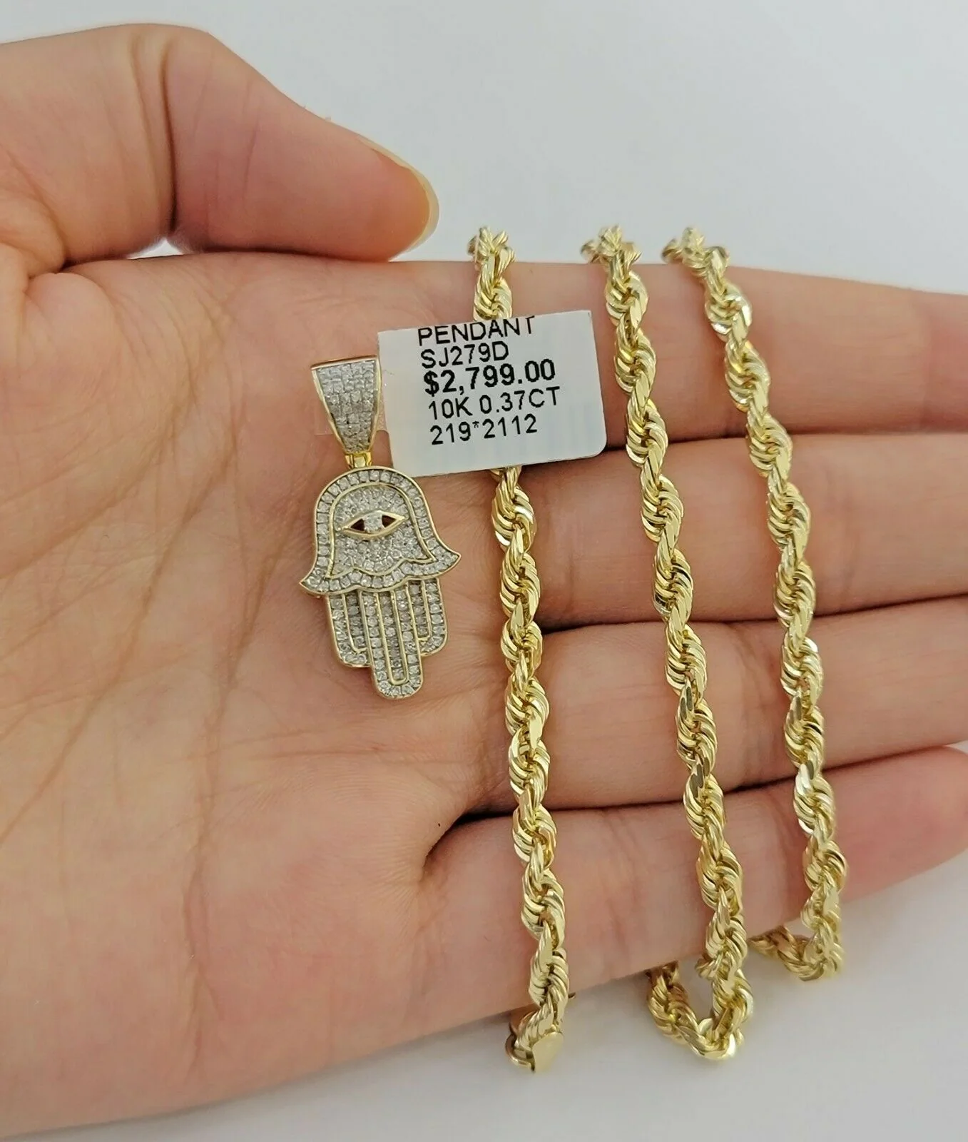 Solid 10k Gold Rope Chain Diamond Pendant Hamza Hand Charm Necklace 22" SET REAL - Image 2