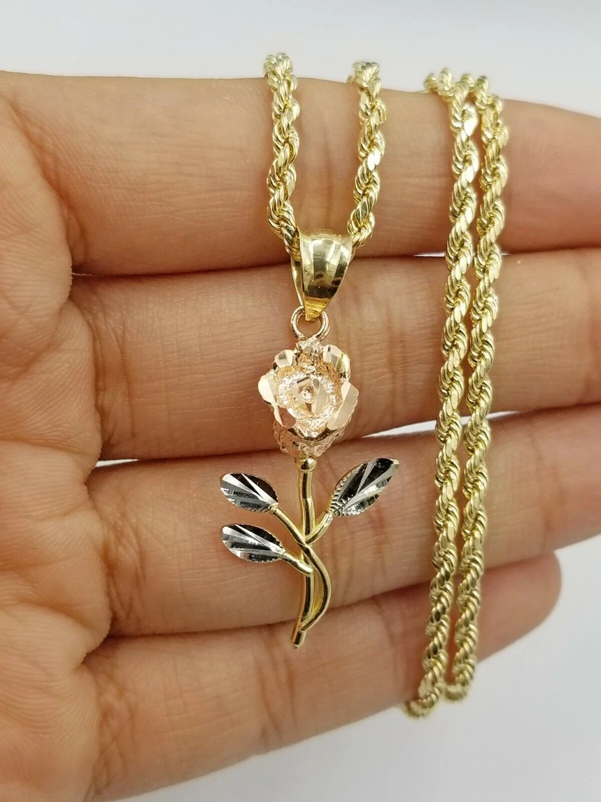 Solid 10k Rose Yellow White Gold Rose Flower Charm Trio Pendant Charm Women REAL - Image 4