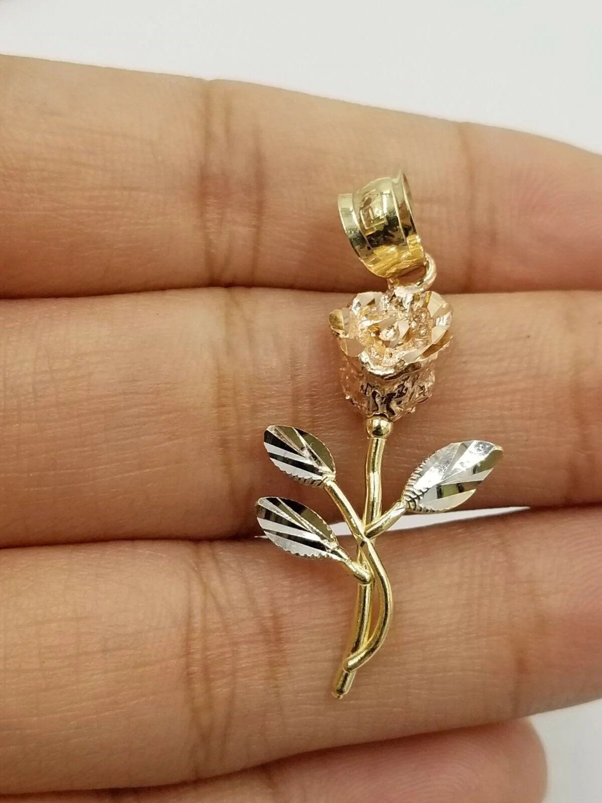 Solid 10k Rose Yellow White Gold Rose Flower Charm Trio Pendant DiamondCut Women - Image 2
