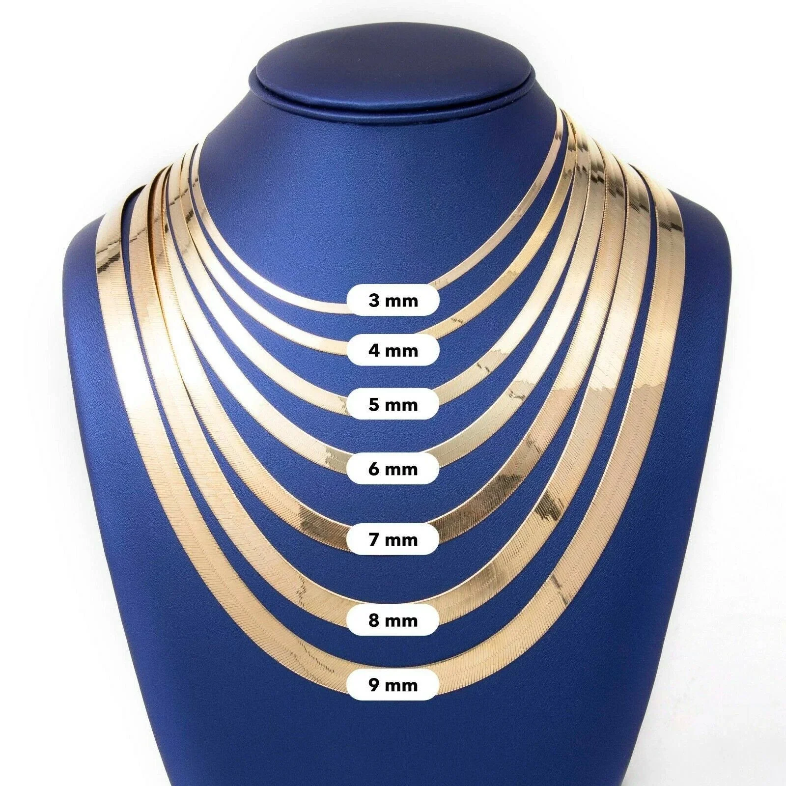Solid 10K Yellow Gold 3mm-9mm Flat Herringbone Chain Necklace Women Men 16"- 24" - Image 6