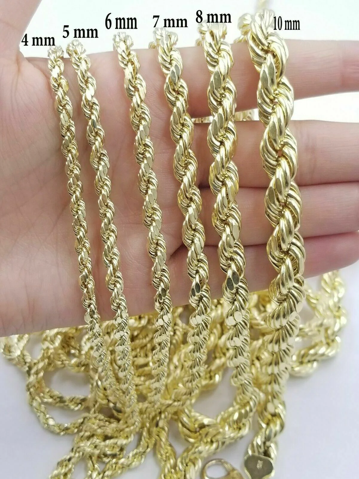 Solid 10k Yellow Gold Rope Chain Pendant Necklace 4mm-10mm Diamond Cut 18"-30" - Image 6
