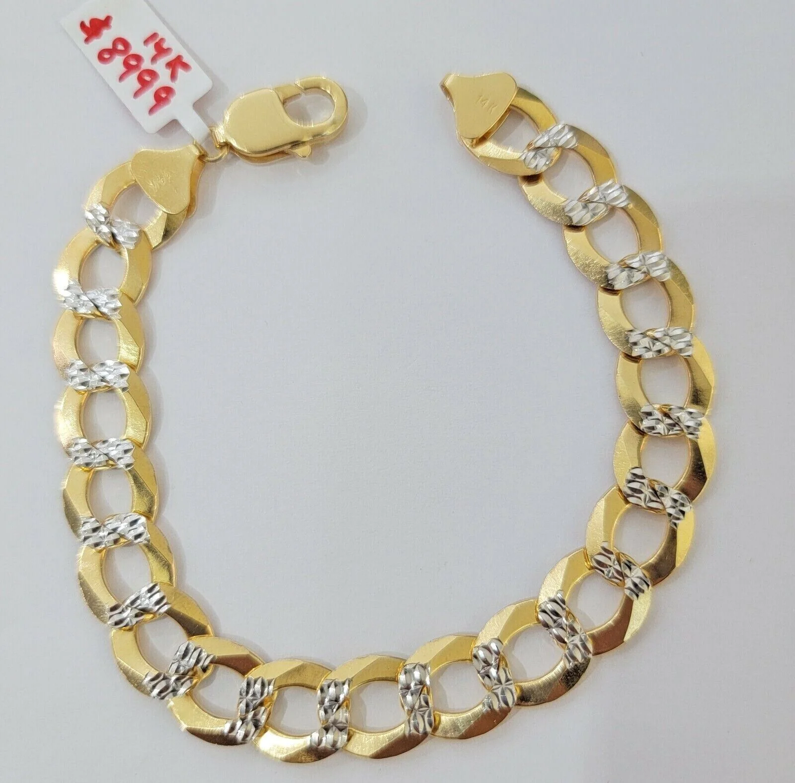 Solid 14k Gold Cuban Curb link Bracelet 9 Inch 13.5mm Two-Tone Diamond Cut Heavy