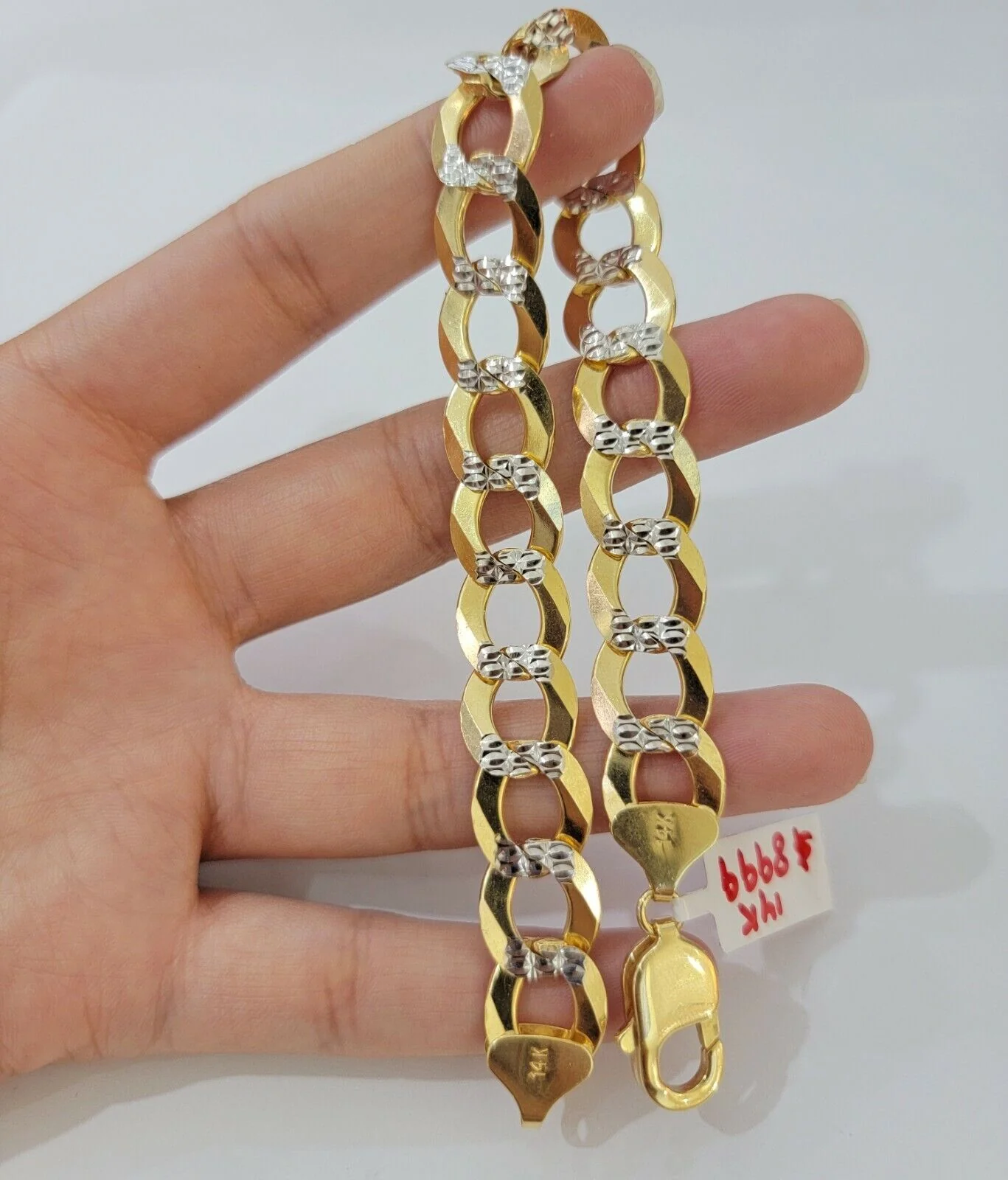 Solid 14k Gold Cuban Curb link Bracelet 9 Inch 13.5mm Two-Tone Diamond Cut Heavy - Image 4