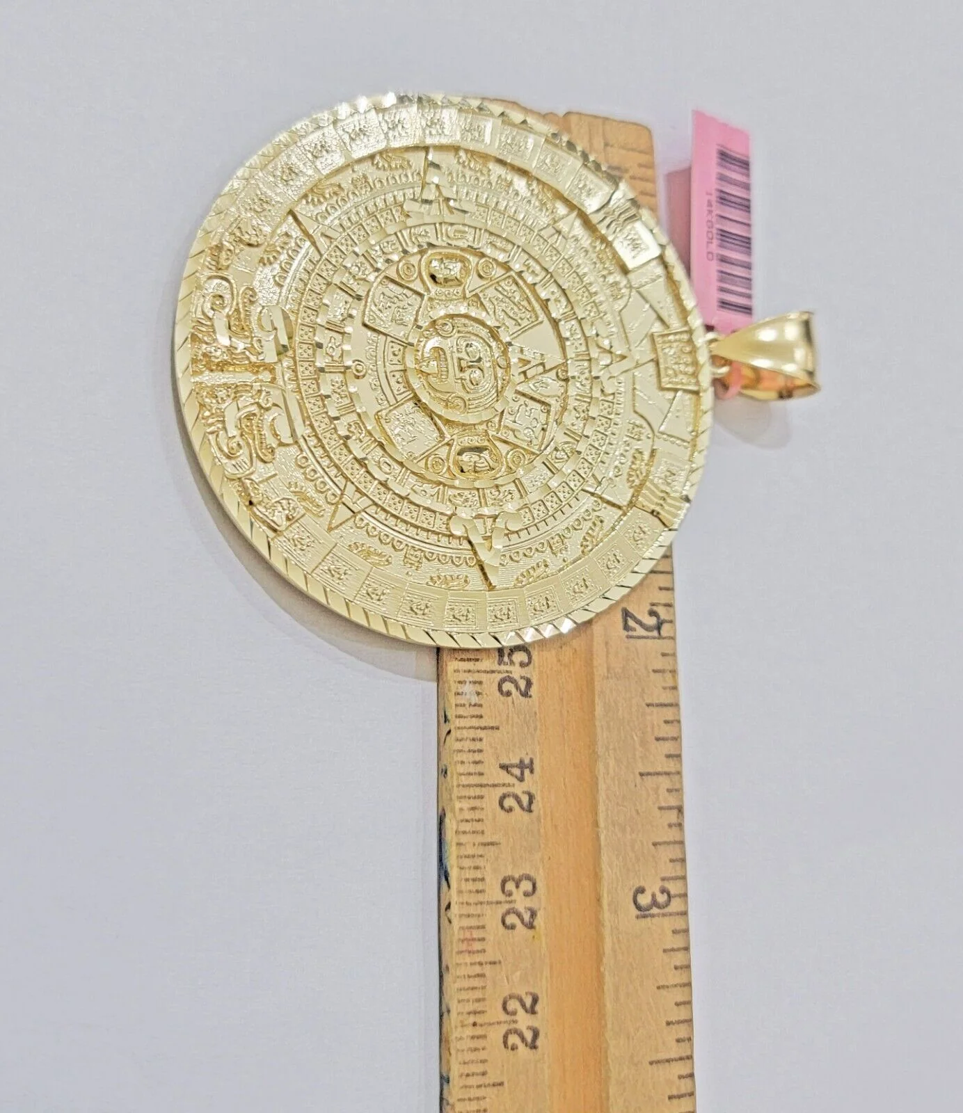 SOLID Real 14kt Yellow Gold Pendant Aztec Mayan Calendar 2.5" Men's Round Charm - Image 2