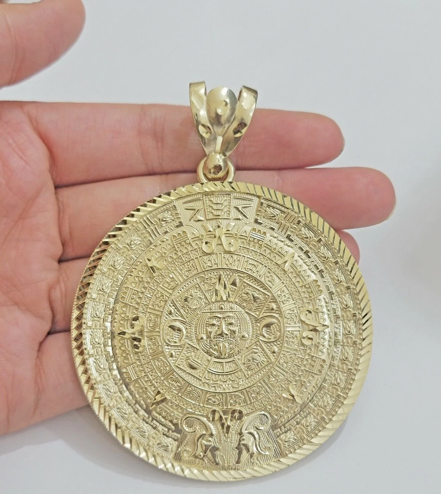 SOLID Real 14kt Yellow Gold Pendant Aztec Mayan Calendar 2.5" Men's Round Charm - Image 4